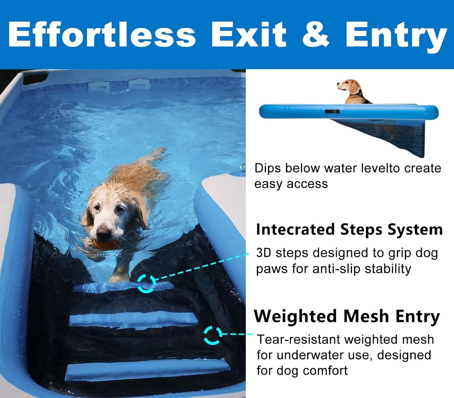 ERRULAN Inflatable Dog Ramp for Boat, High Visibility Non Slip Dog Water Ladder with Non Slip Steps, Portable Dogs Pool Exit Ramp for Small/Medium/Large Dogs(Black)