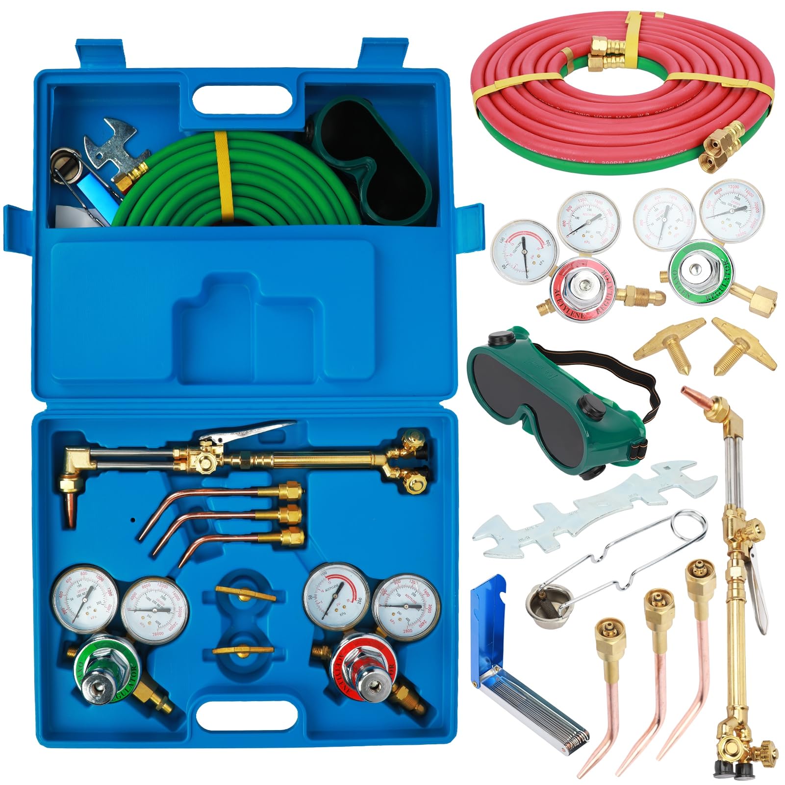 Kit de antorcha de acetileno de oxígeno, con reguladores de caja de herramientas, soplete de corte y kit de soldadura, boquilla de latón de manguera larga, color azul