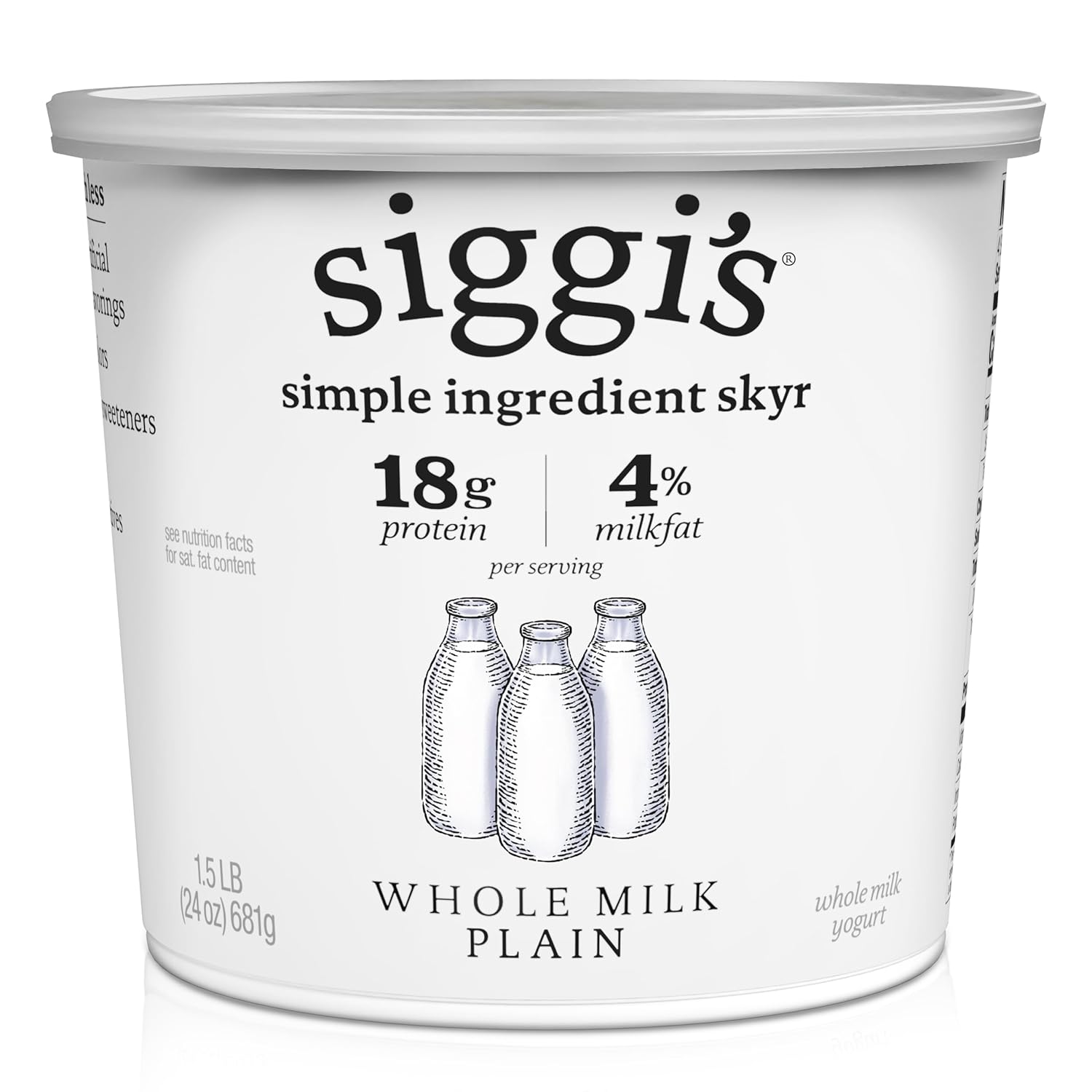 Siggi's Icelandic Plain Whole Milk Yogurt 24oz - Thick Skyr, 18g Protein, Low Sugar Snack