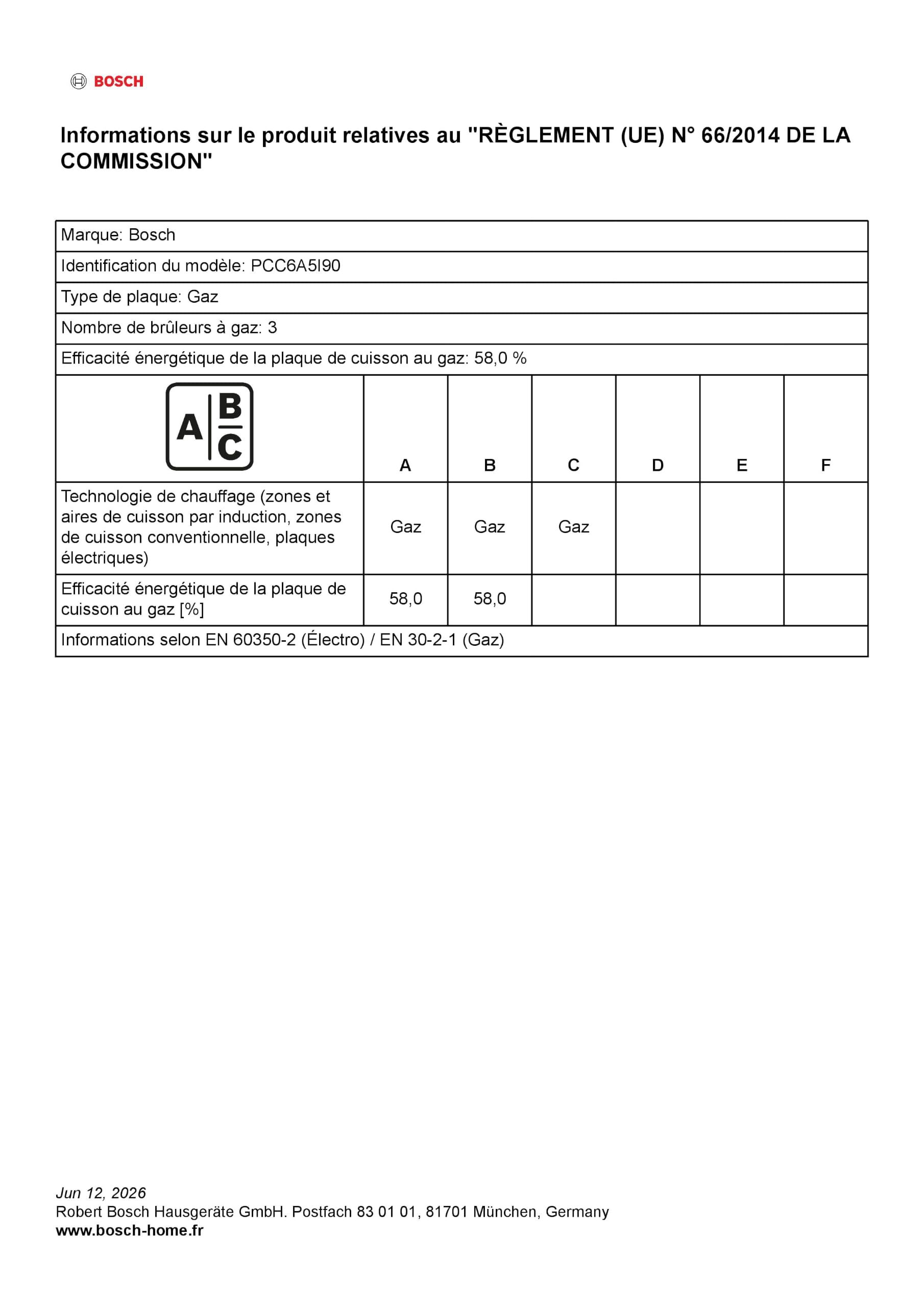 Bosch PCC6A5I90, Série 6, Plaque gaz, 3 feux, 60 cm, Inox