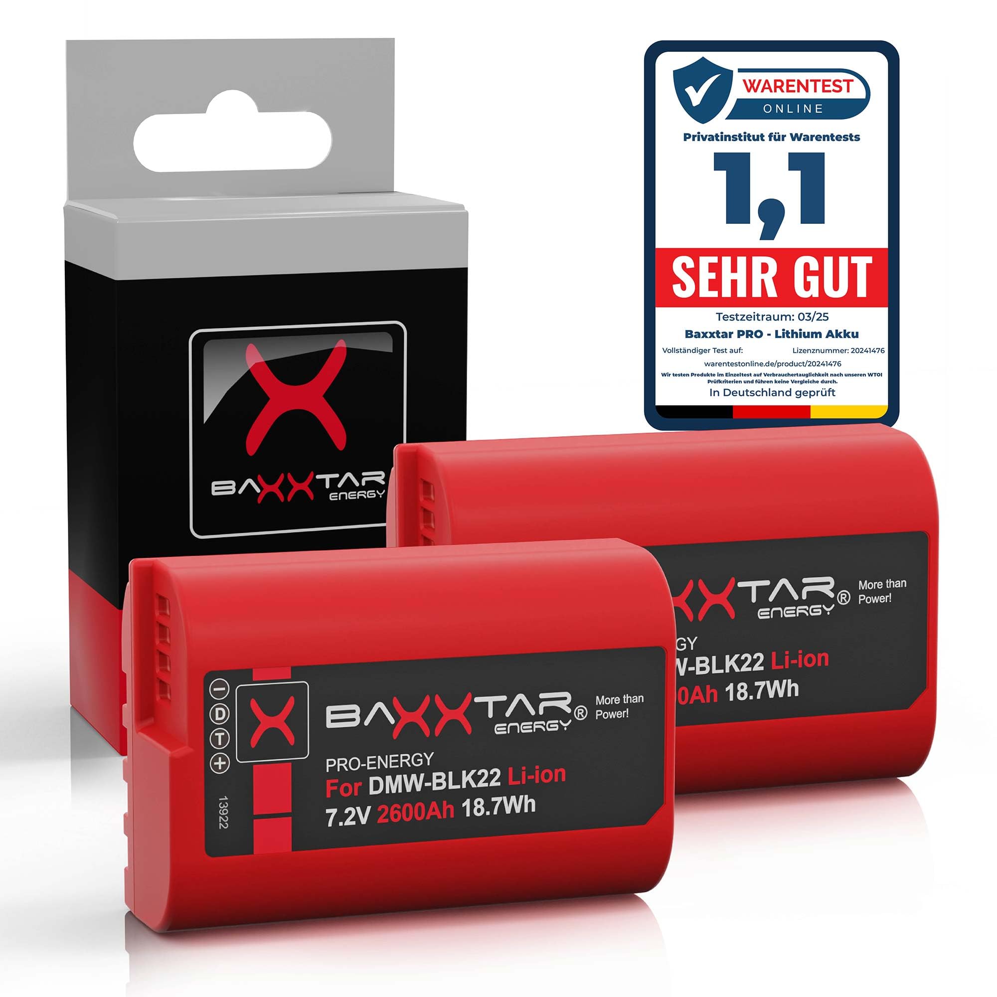 Baxxtar 2X DMW-BLK22 Batterie 2600mAh Compatible avec Panasonic Lumix DC S9 S5 S5II S5II-X S5K G9 II GH5 GH5II GH5S GH6 GH7 DMWBLK22 BLK22