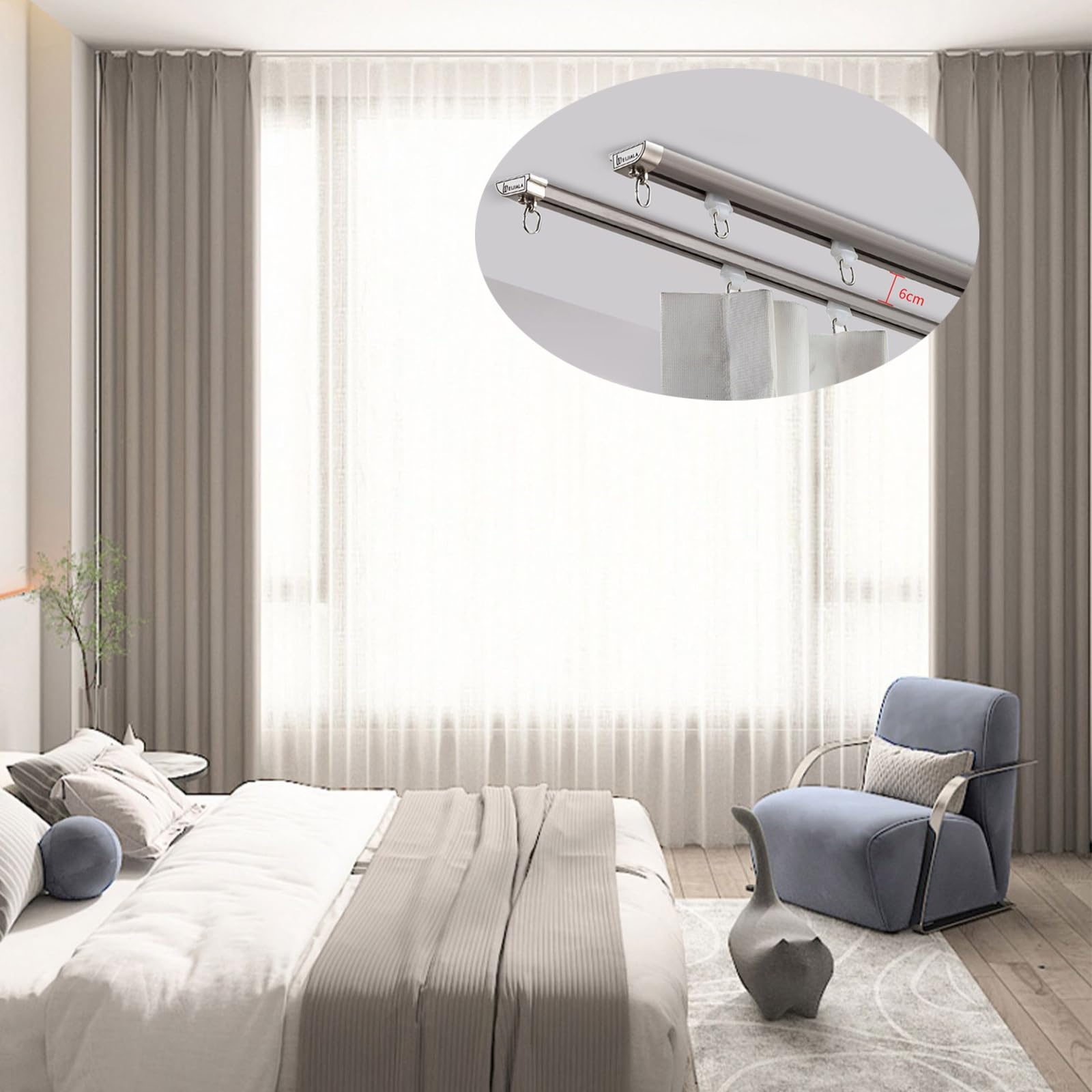 Podwójny system szynowy do montażu sufitowego, aluminiowy karnisz z cichymi kółkami do łazienki, salonu i przegrody, szary, 1,9 m i 100 cm