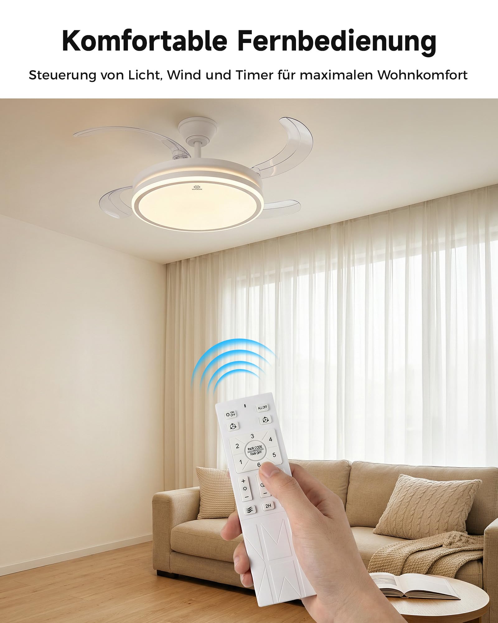 WOOX Deckenventilator mit Beleuchtung 107 cm (42") | 50W LED stufenlos dimmbar (CCT), leiser 30W DC-Motor, 4 ausziehbare Flügel, 6 Stufen, Sommer/Winter-Modus, Fernbedienung