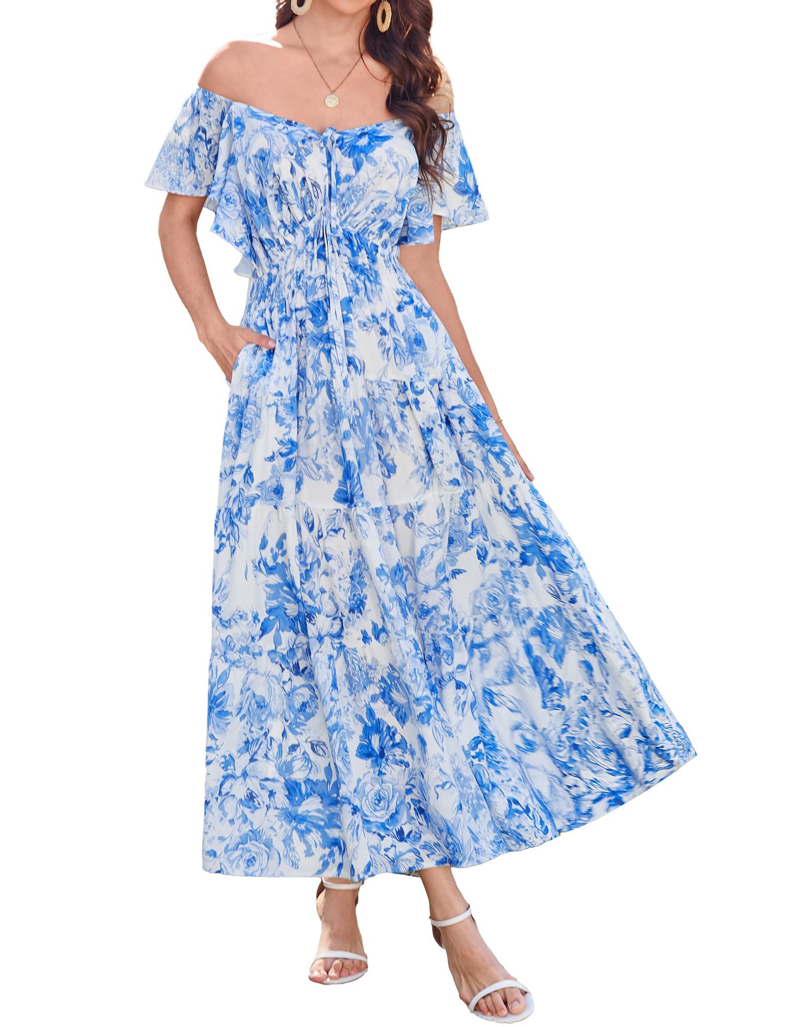 GRACE KARIN Maxi abito estivo da donna, casual, elegante, floreale, con volant, spacco, linea A, abito da sposa con tasca