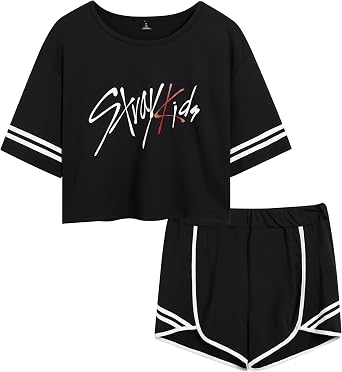 Kpop Stray Kids T-Shirt+Shorts Set Women's 2 Piece Short Sleeve Outfits Girls Print Crop Top Elasit Waist shorts
