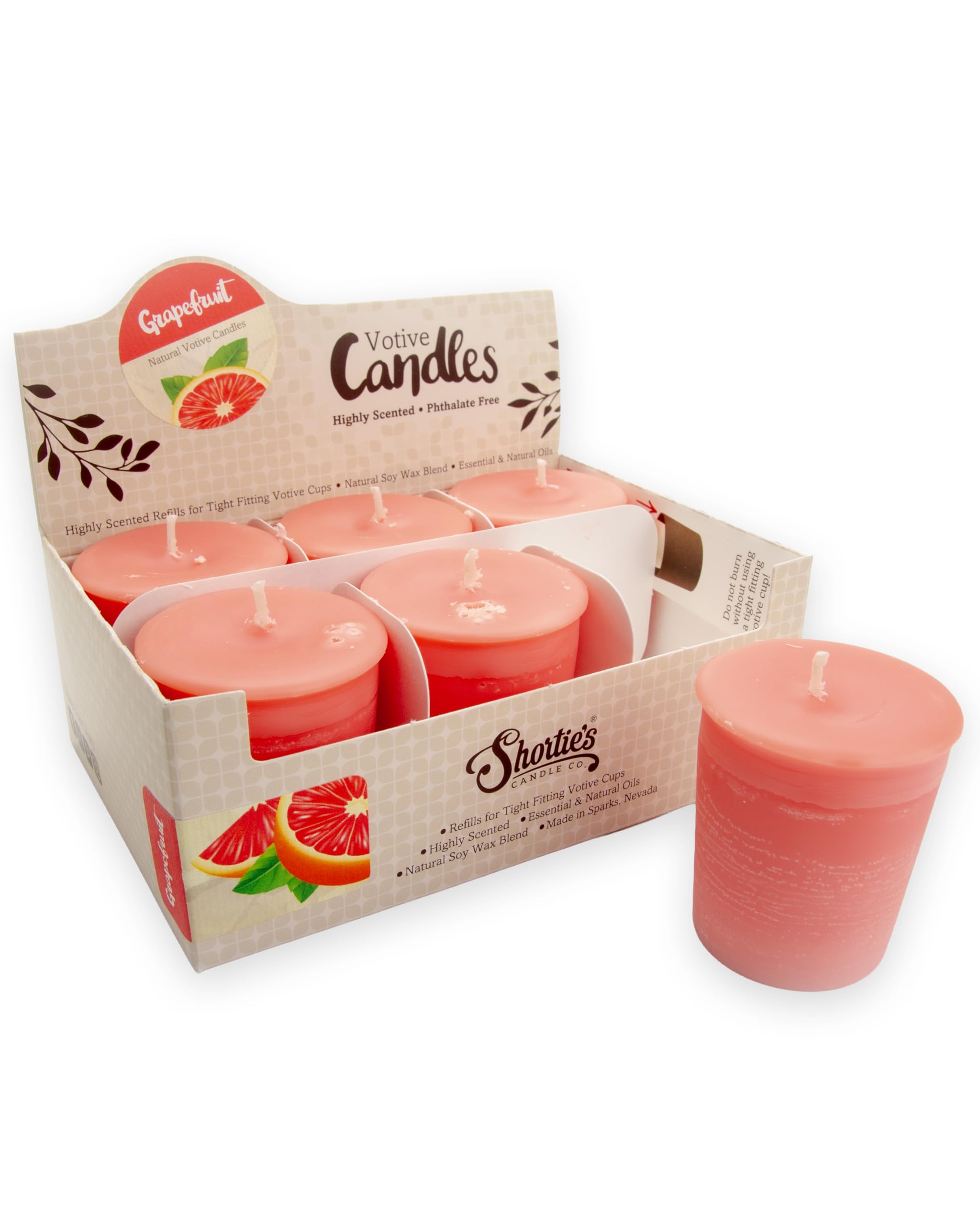 Grapefruit Soy Votive Candles - Scented with Essential & Natural Oils - 6 Pink Natural Votive Candle Refills - Fruit & Berry Collection