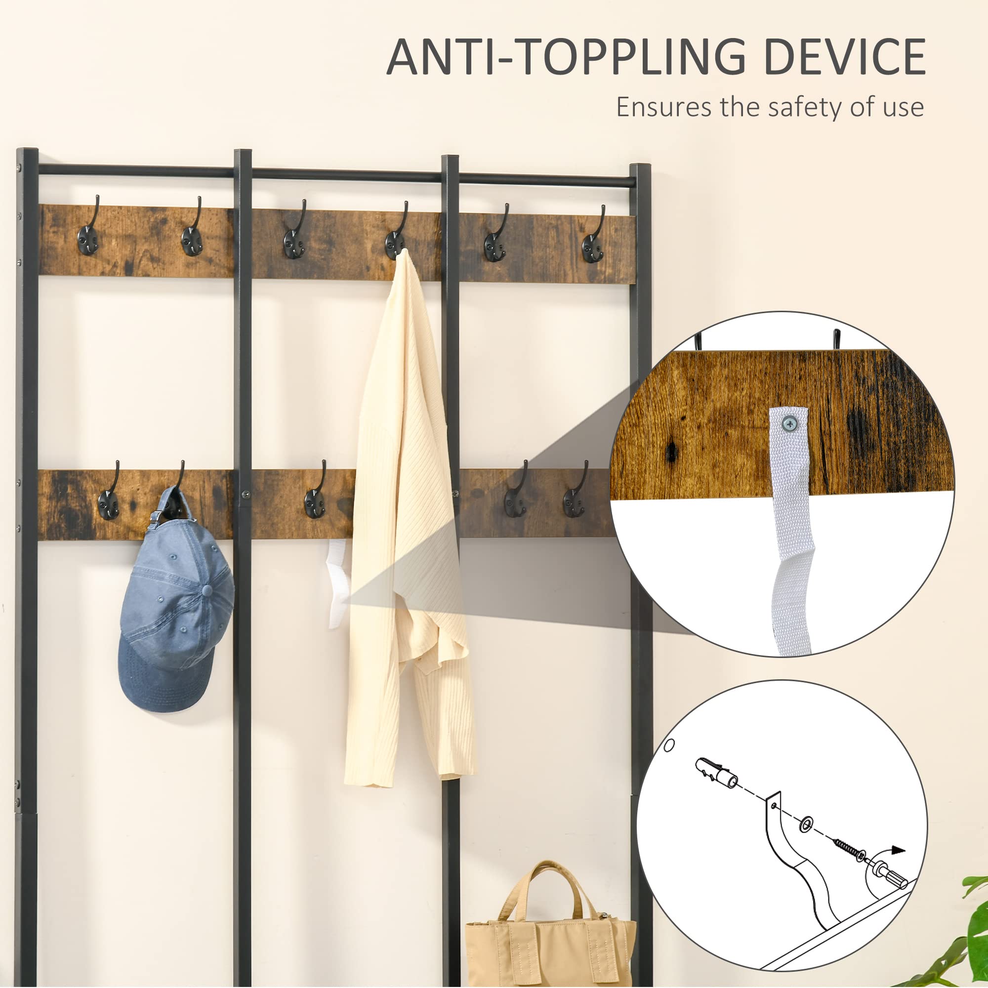 HOMCOM Ständer 100cm x 38.5cm x 185.5cm Rustikal Braun/Schwarz | Freistehender Flurgarderobe, Mantel mit Haken, Bank und Schuhregal, Industriestil