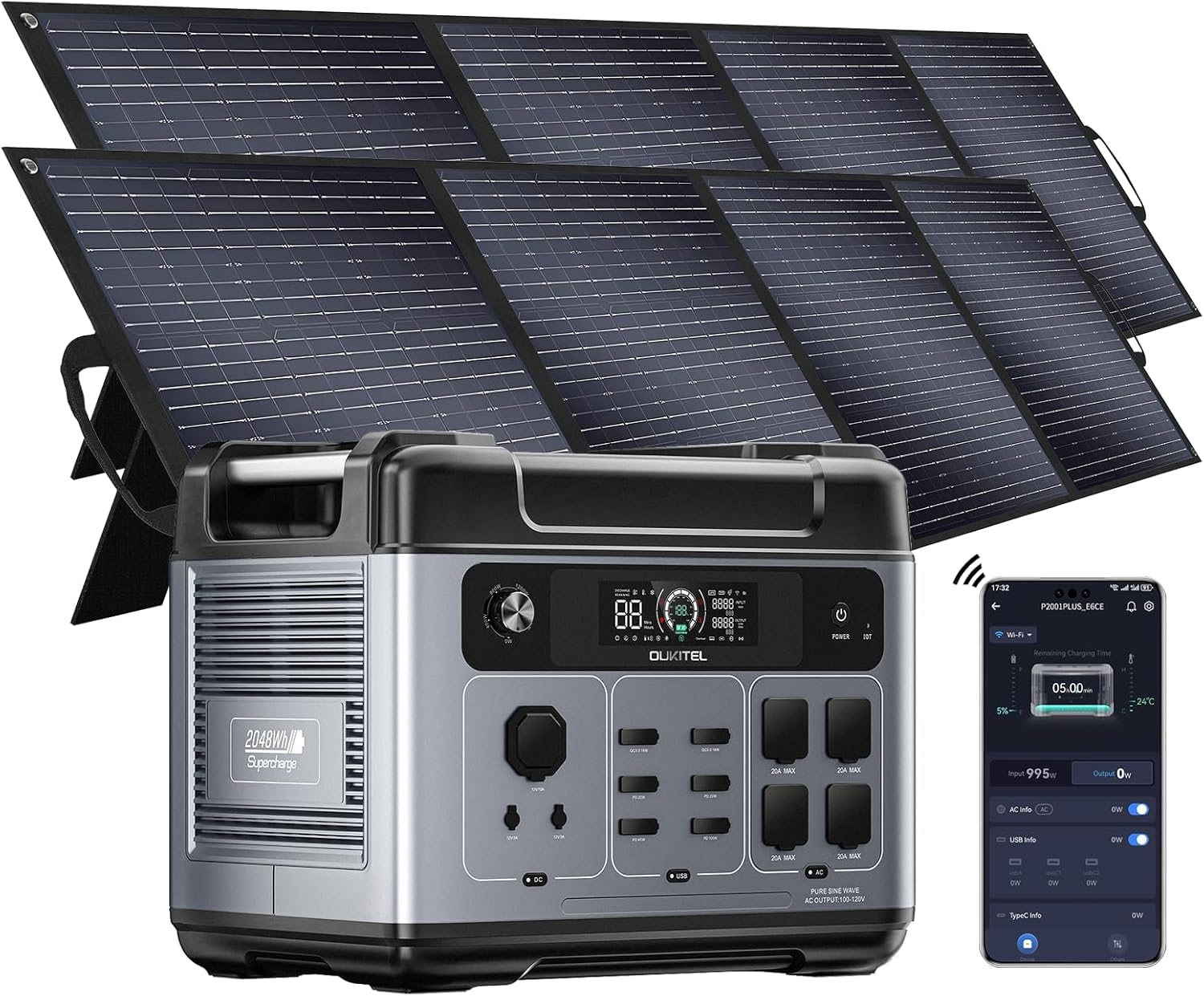 OUKITEL P2001 Plus 2400W Solar Generator with 2x200W Solar Panels, 2048Wh Solar Power Station with 4 AC Outlets(5000W Peak), 1.5H Full Charging, APP Control Battery Backup for Home, Camping & RVs