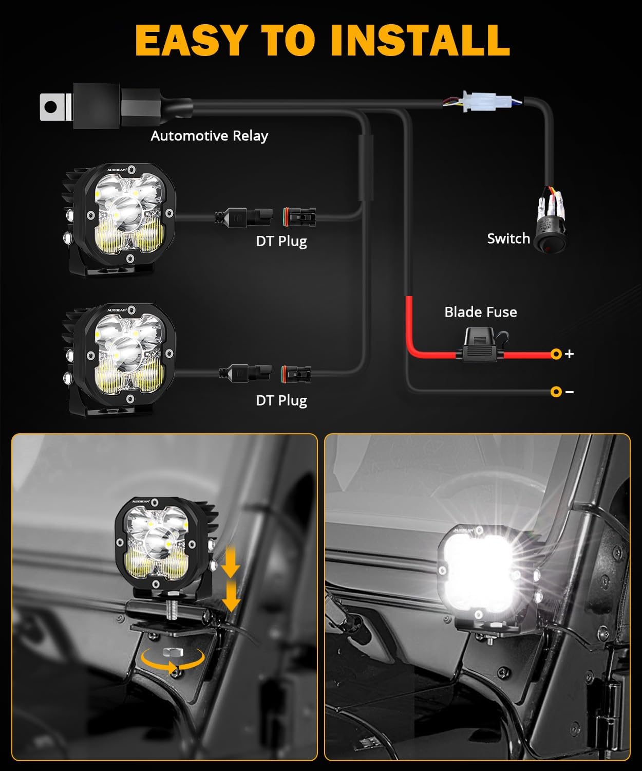 Auxbeam LED Pods 3 Inch 80W Amber Offroad Fog Lights, 9600LM Yellow/White/Black Covers Cube Flood Light 120° Wide Combo Driving Ditch Light for Trucks ATV UTV SUV with Wiring Hardness