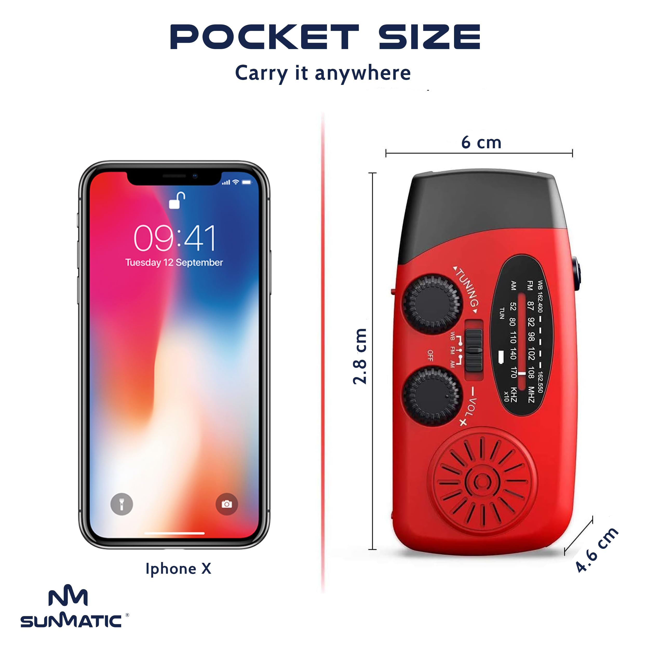 Radio d'urgence Solaire et Dynamo SunMatic – AM/FM Portable avec Lampe LED, Batterie 2000mAh, Charge USB, Radio à Manivelle, Idéal pour Camping, Randonnée, Panne de Courant et Kit de Survie