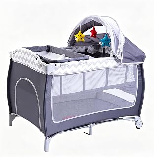 OYDAS Baby Crib, Travel Cot,Baby Basinet Bedside,Portable Playard,Foldable Luxury Nursery Baby Center,Multi Functional Movable Bed,Baby Crib,Portable Travel Cot with Wheels (Grey)