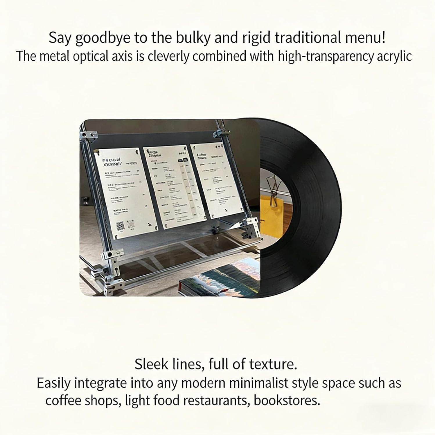 Przezroczysty akrylowy stojak na menu ze stalową podstawą, regulowanym kątem nachylenia i kółkami do restauracji, biur i sklepów