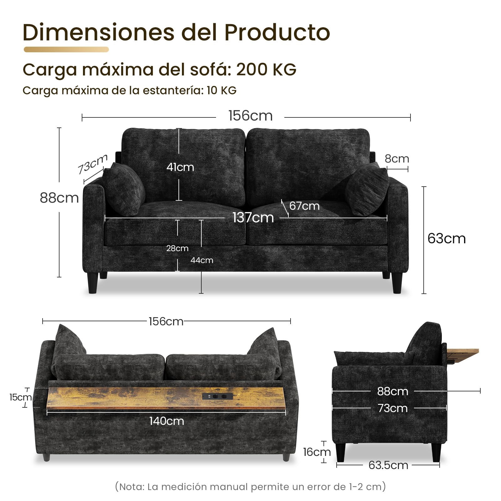 KKL Sofá de 2 plazas con tubos de luz LED y mesa de consola, con 2 puertos de carga CA y 2 puertos USB chenilla para salón, dormitorio, apartamento