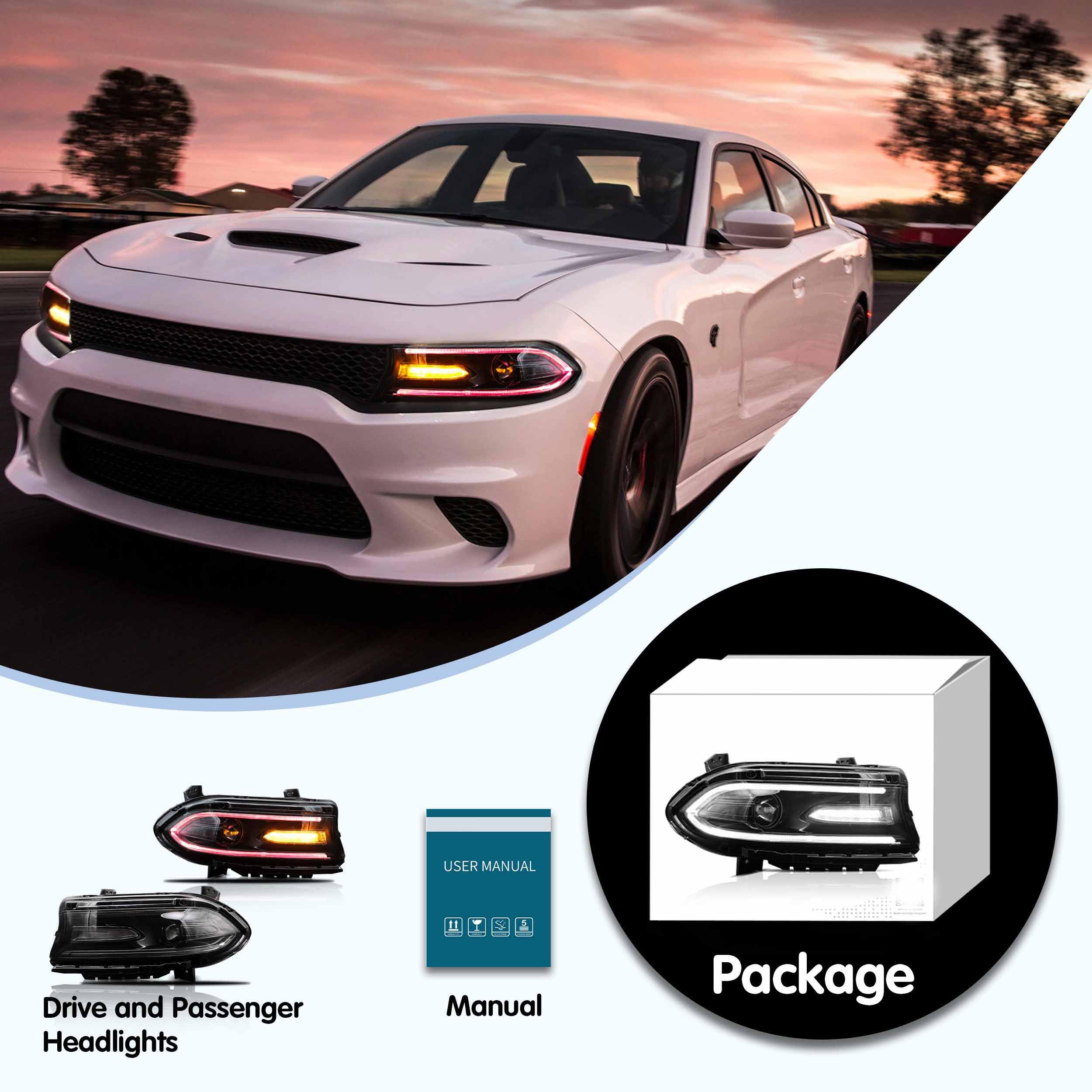 VLAND Reflektory LED dla Dodge Charger 2015 2016 2017 2018 2019 DRL z podwójną soczewką Zestaw czołowej lampy czołowej (RGB)