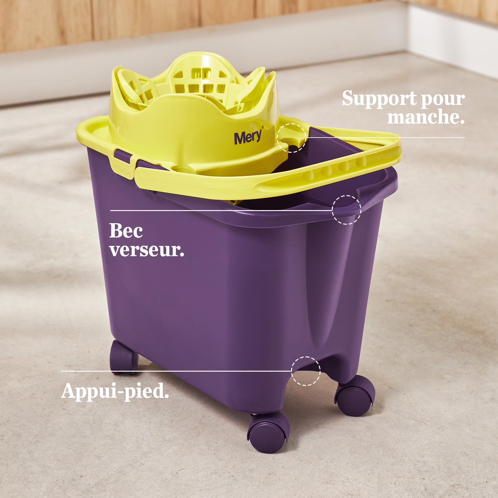 Mery | Ensemble Seau+vadrouille+bâton | Poubelle à roulettes Automatique Violet et Citron Vert, 14 L | Vadrouille absorbante en Microfibre | Perche télescopique en Acier plastifié