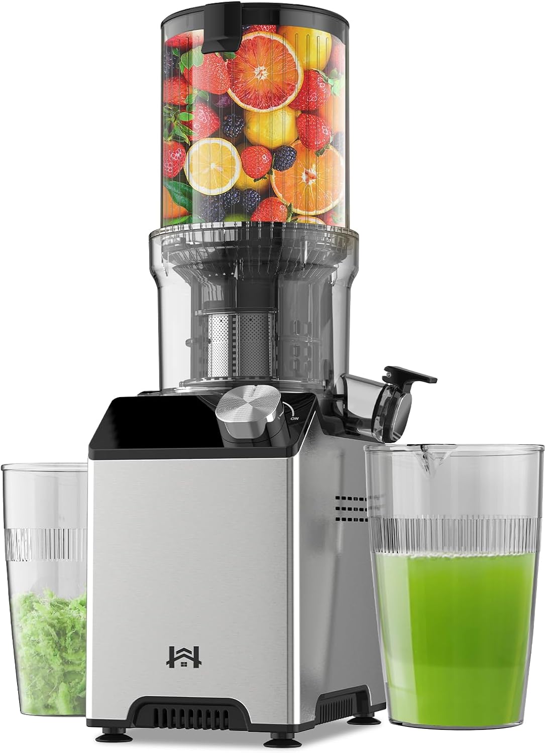 Cold Press Juicer, Juicer Machines with 4.35'' Wide Feed Chute, Stainless Steel Slow Masticating Juicers Easy to Clean, Vegetables & Fruits Juice Extractor, High Juice Yield, Platinum Color Knob