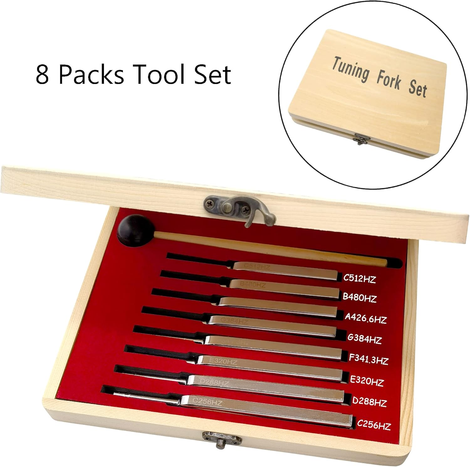 8 Packs Tuning Fork Set With Striking Hammers - Stainless Steel with Hammer (256 Hz (C), 288 Hz (D), 320 Hz (E), 341.3 Hz (F), 384 Hz (G), 426.6 (A), 480 (B), 512 (C)) Sound Healing Vibration Tools