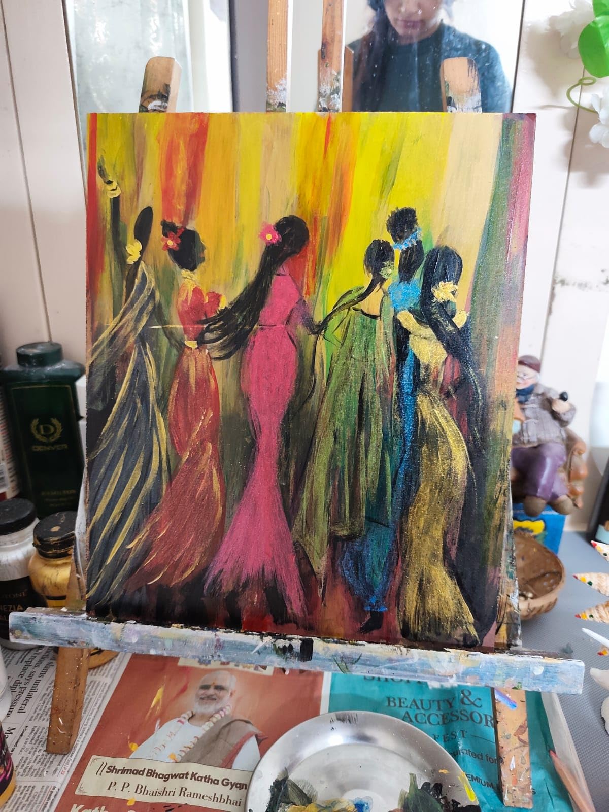 Handmade Acrylic Painting on Canvas, Indian Women in Colourful Sarees, Abstract Wall Art-image-27