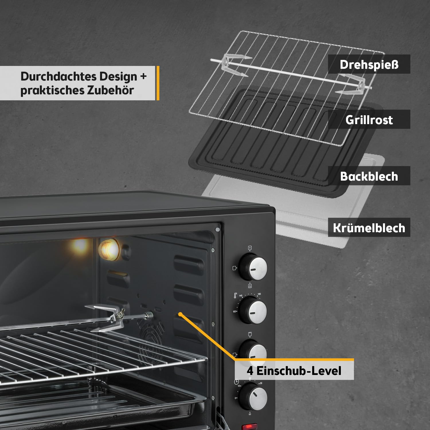 TZS First Austria - Minibackofen 60L 2000W - Mini Backofen Pizzaofen Temperaturregelung bis 230°C & 6 Modi - Geräumiger Miniofen mit 60 Min. Timer, 4 Einschubhöhen, Backblech, Grillrost & Drehspieß
