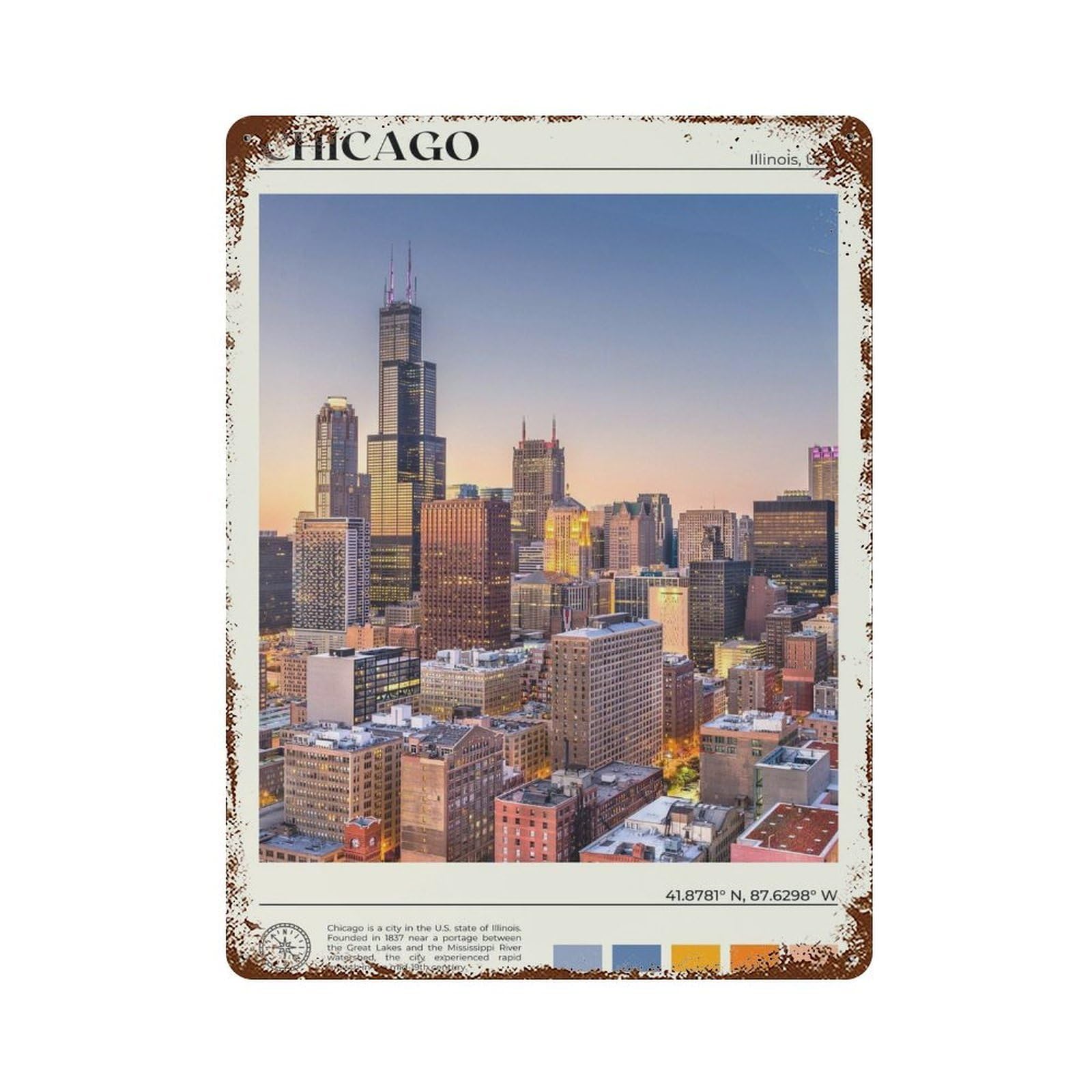 xiaoxiaoshen Real Photo Chicago Decor Illinois Wall Decor Art Metal Tin Poster Modern Home Decor Art Home Bar Shop Decorations Vintage Sign 40x30cm