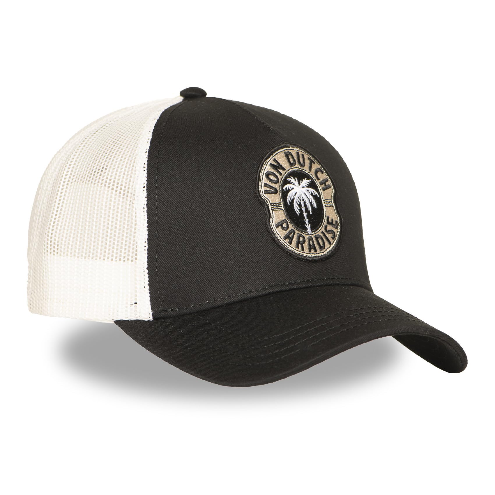 Von Dutch Czapka z daszkiem Trucker, czarno-biała, oddychająca siatka, logo palmy Paradise, regulowana