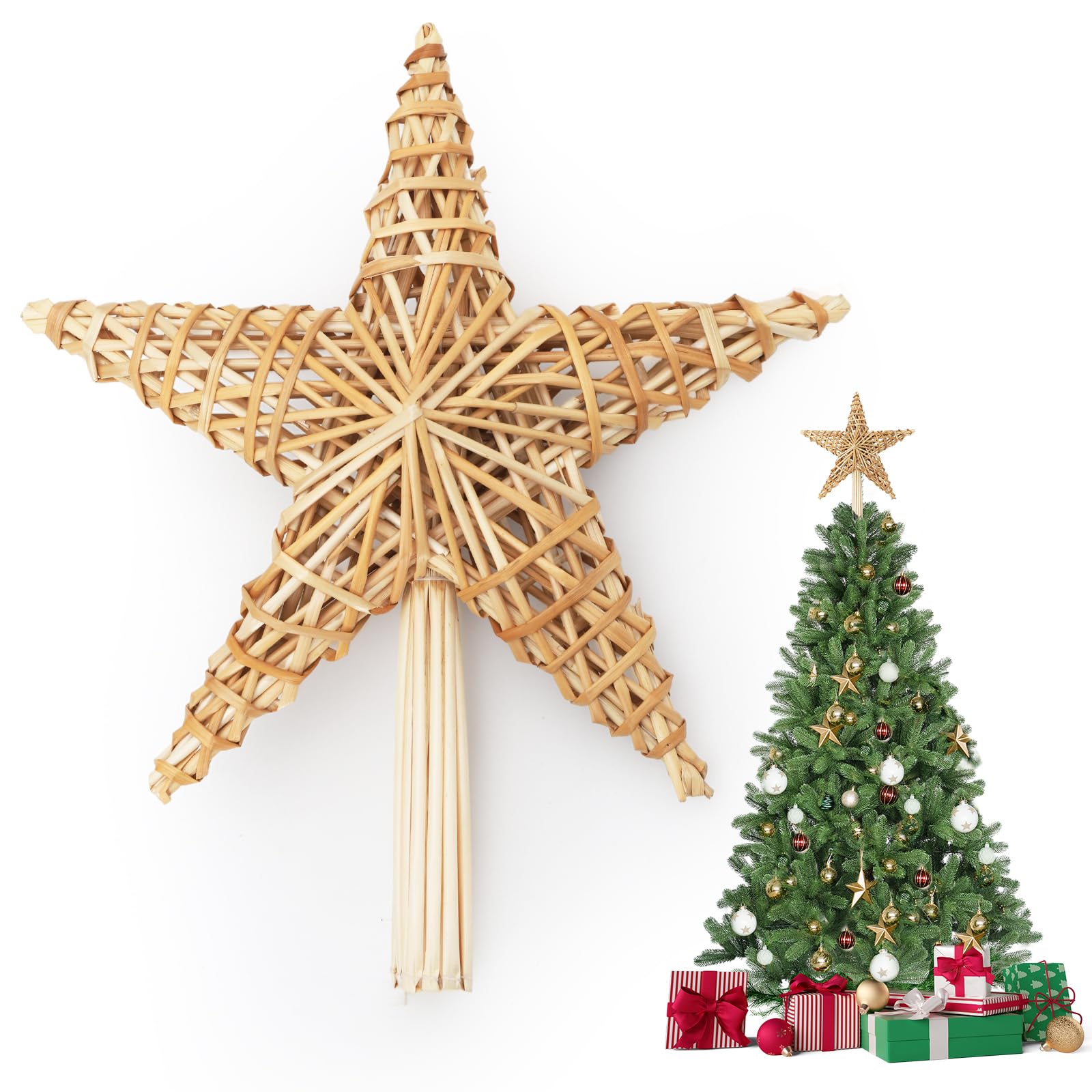 SALCAR Lot de 2 étoiles de Noël en Paille - 30 cm - Décoration Naturelle Faite à la Main pour Sapin de Noël