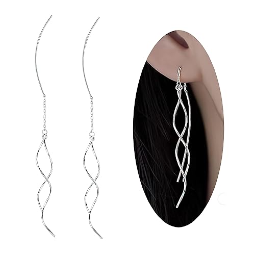 925 Sterling Silver Earrings Fashionable Long Threader Earrings Handmade Twisted Linear Curved Dangle Drop Earrings Hypoallergenic Tiny Twist