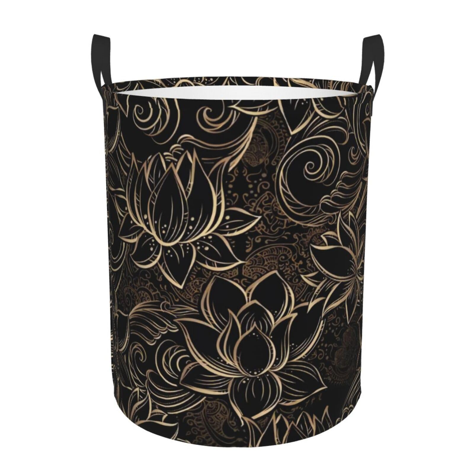 S Circular Hamper Boho Gold Lotus Flowers Print for Dirty Clothes