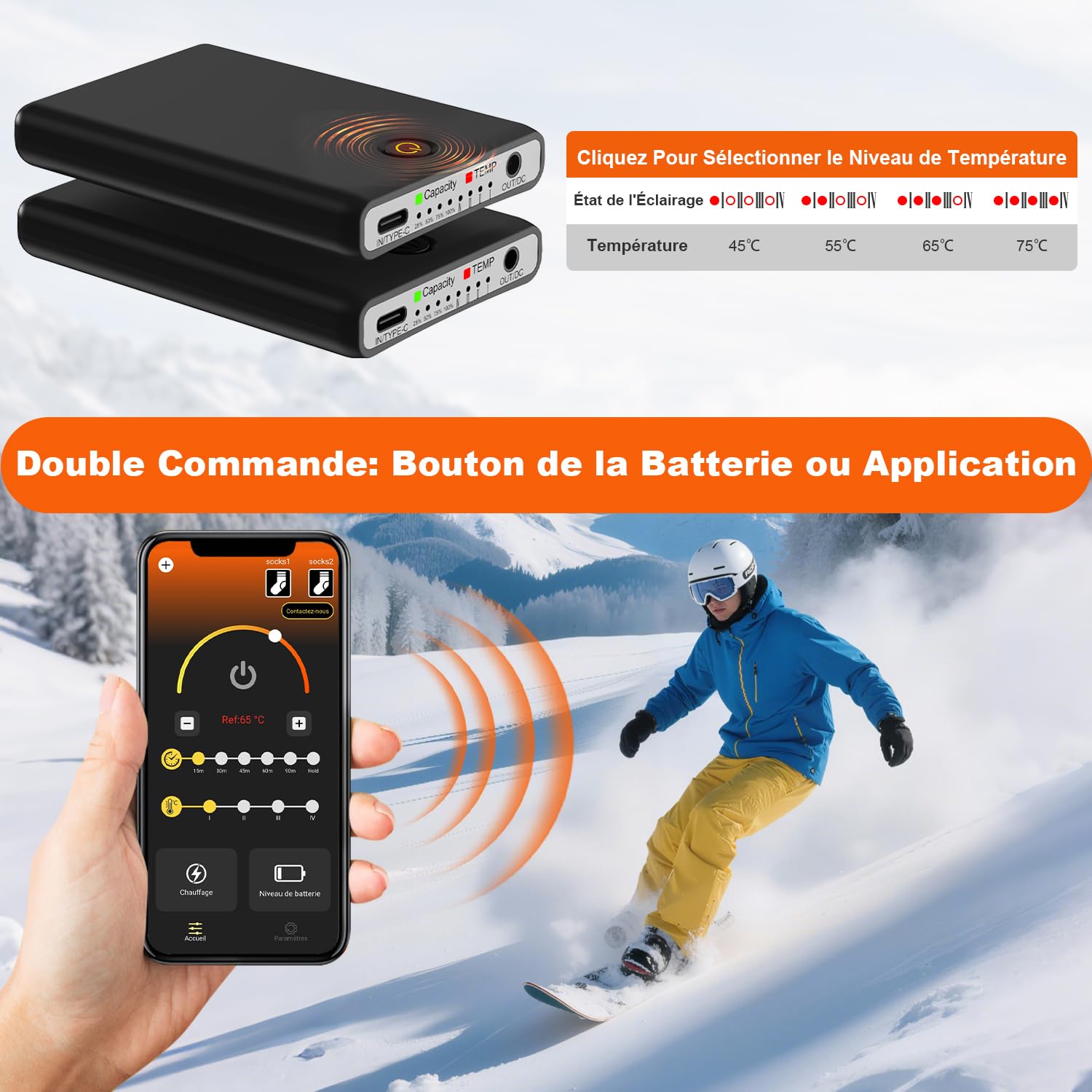 Chaussettes Chauffantes Rechargeables 8000mAh avec Télécommande APP, Chauffage 360° pour Ski Camping Cyclisme, Noir/Bleu