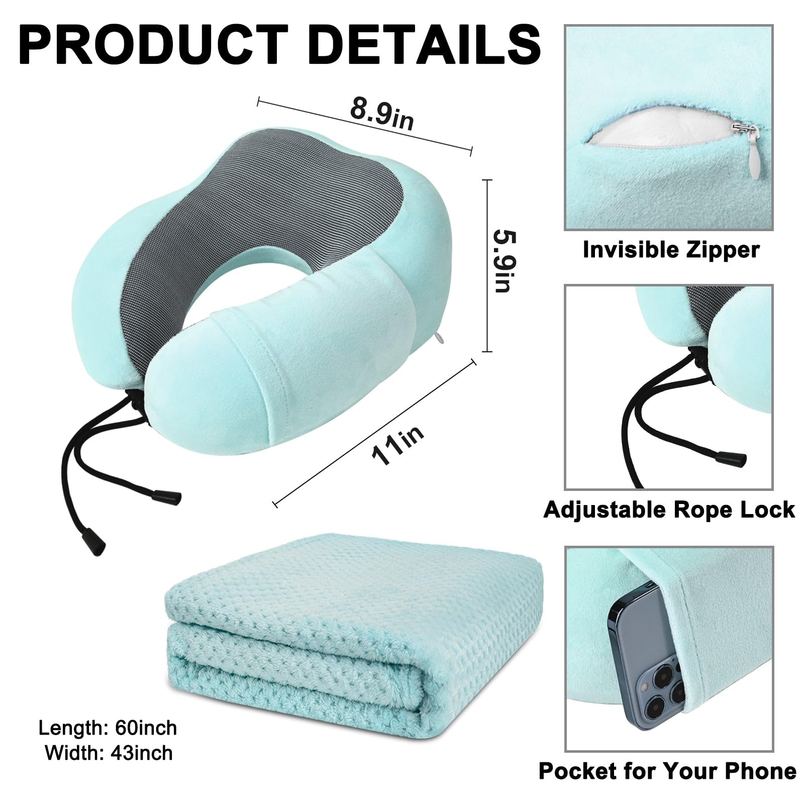 urnexttour Set cuscino da viaggio e coperta cuscino cervicale aeroplano memory foam per viaggiare compatto con borsa blu verde