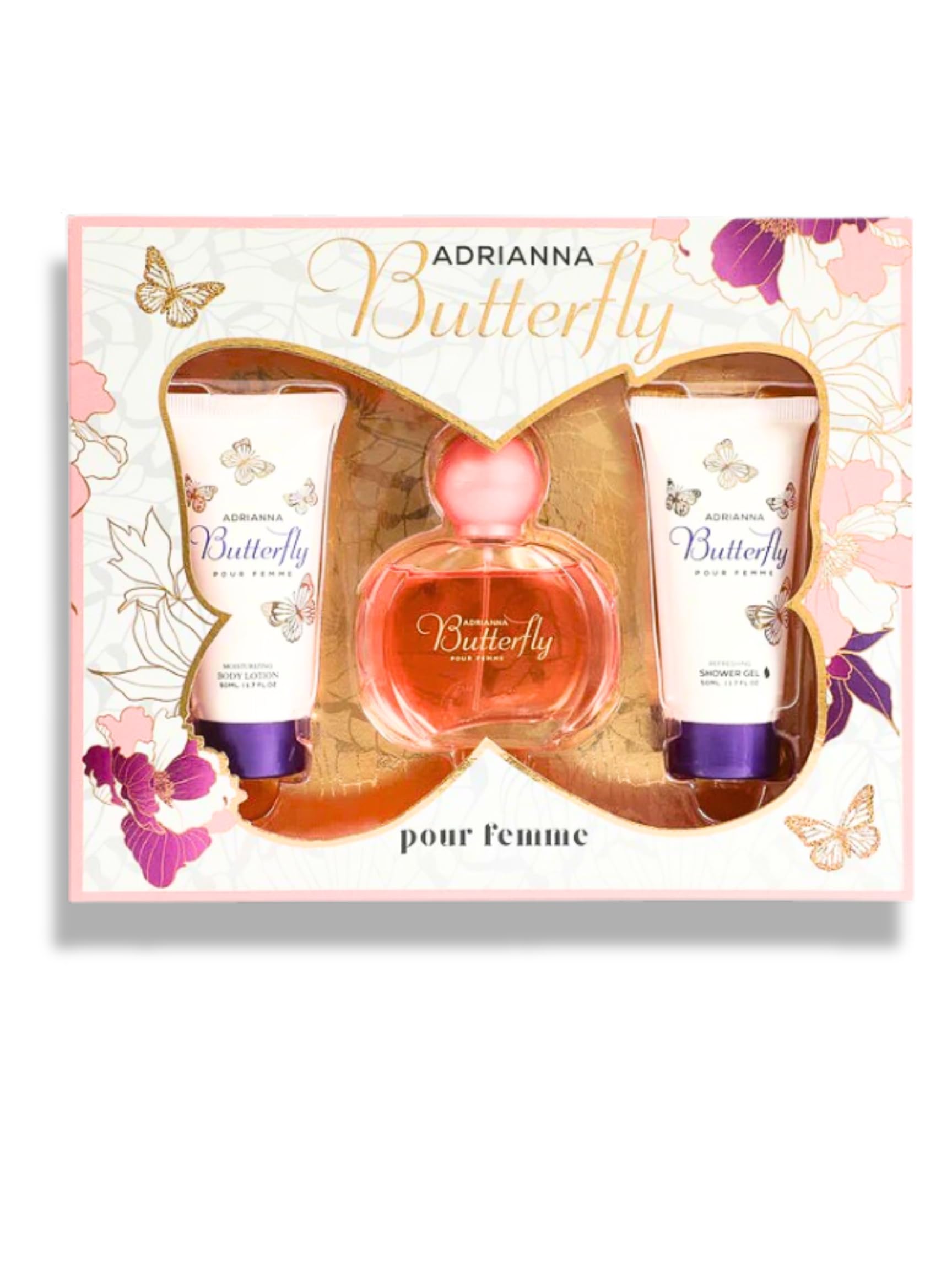 BUTTERFLY POUR FEMME SET WITH 3 ITHEMS 5.1 FL. OZ (1- REFRESHING SHOWER GEL 1.7 FL. OZ. 1-EAU DE PARFUM SPRAY 1.7 FL.OZ. 1- MOISTURIZING BODY LOTION 1.7 FL. OZ.) Floral Fruity fragrance for women.