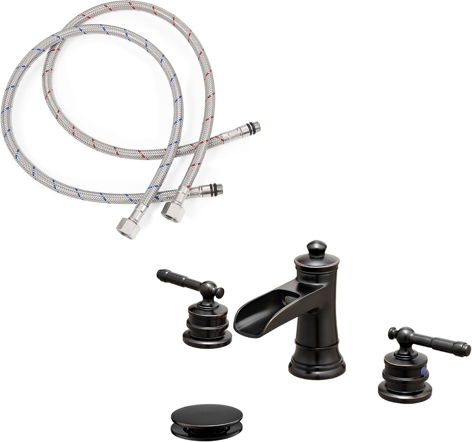 30 Inch Faucet Supply Lines, Water Supply Line 3/8" Female x M10 Male Connector, Oil Rubbed Bronze Bathroom Faucet, Brass Waterfall Faucet Widespread Bathroom Sink Faucet 3 Hole 4-16 Inch