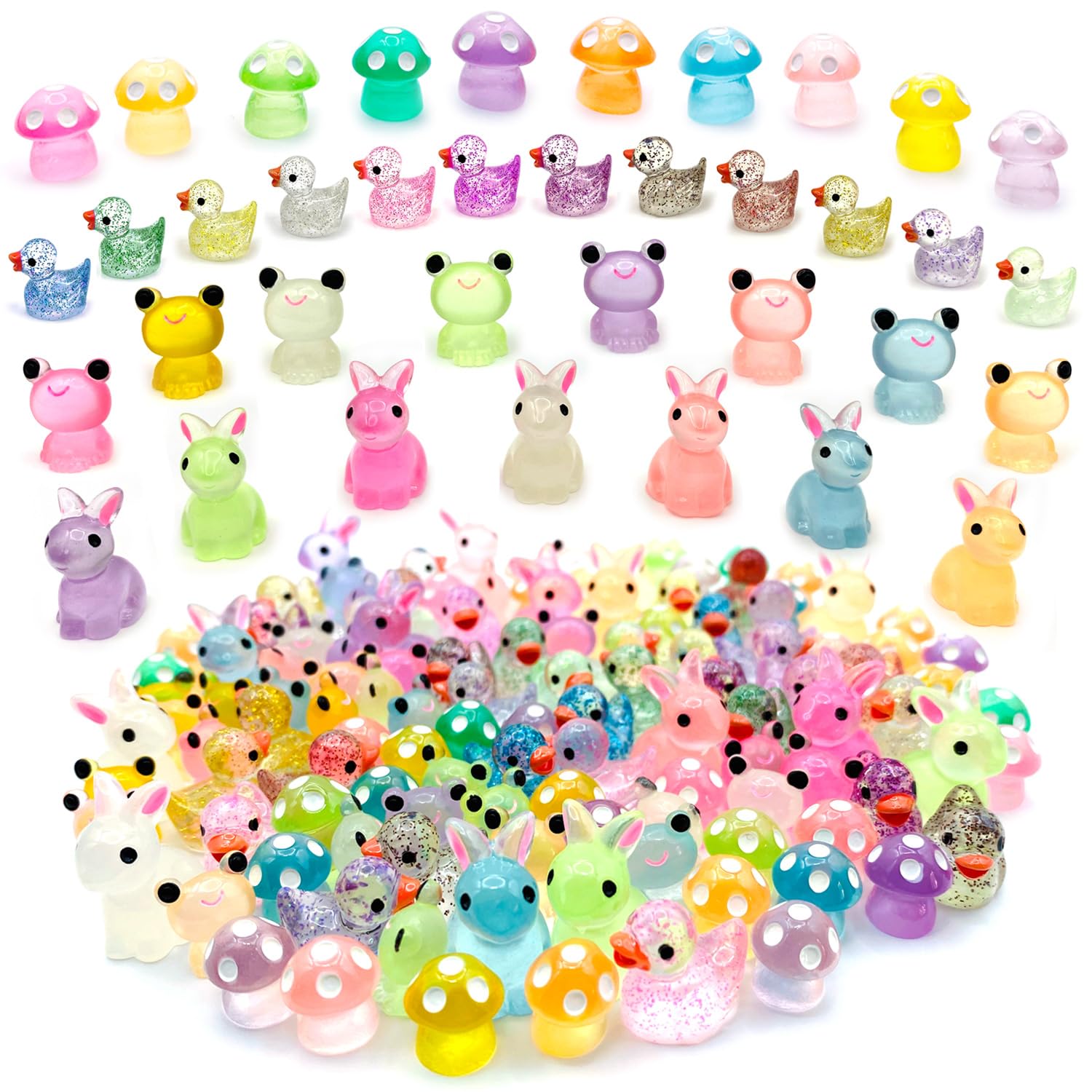 122Pcs Luminous Mini Resin Animal Figurines Glow in The Dark Cute Rabbits Frogs Mushrooms Glitter Ducks 4 Combination Miniature Figurines Set for Office Garden Decoration Aquarium Home Party Decor