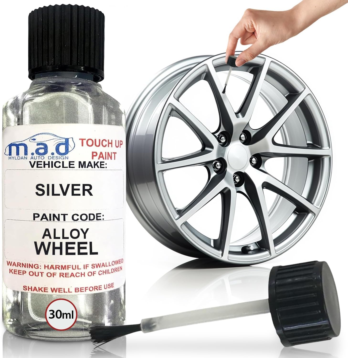 M.A.D Silver Alloy Wheel Touch-Up Repair Kit - 30ml Gloss Finish Paint with Brush for Curbing Scratches & Scuffs - Chip-Resistant, Helios Formula