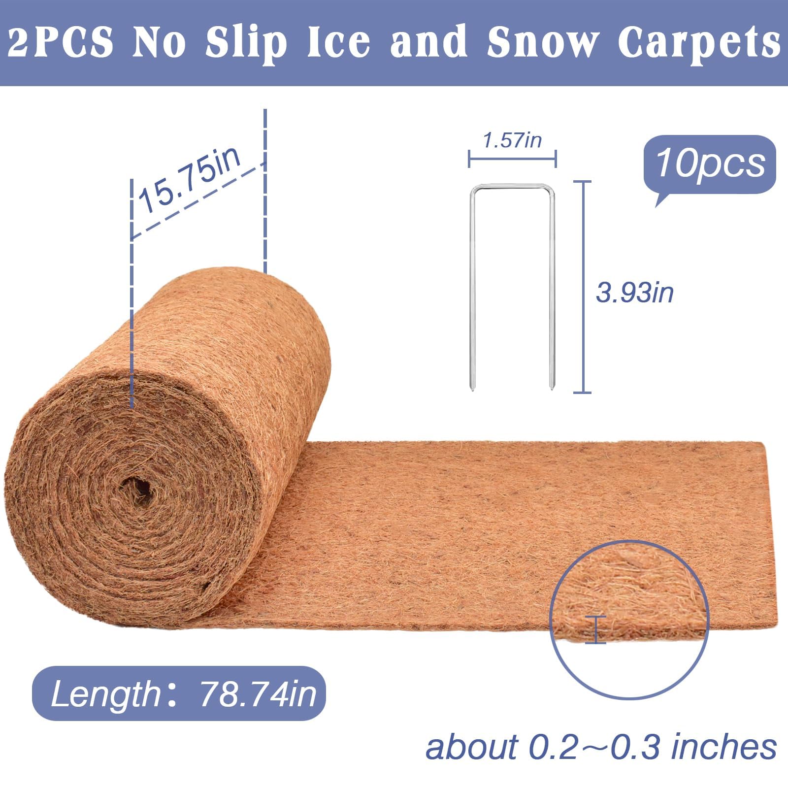 Halatool 2 Pack 16 x 80 x 0.28 in Thickened No-Slip Ice and Snow Carpet Natural Coconut Fiber Roll Snow Melting Mats Outdoor with 10 U-Shaped Landscape Staples for Front Door Stairs Porch