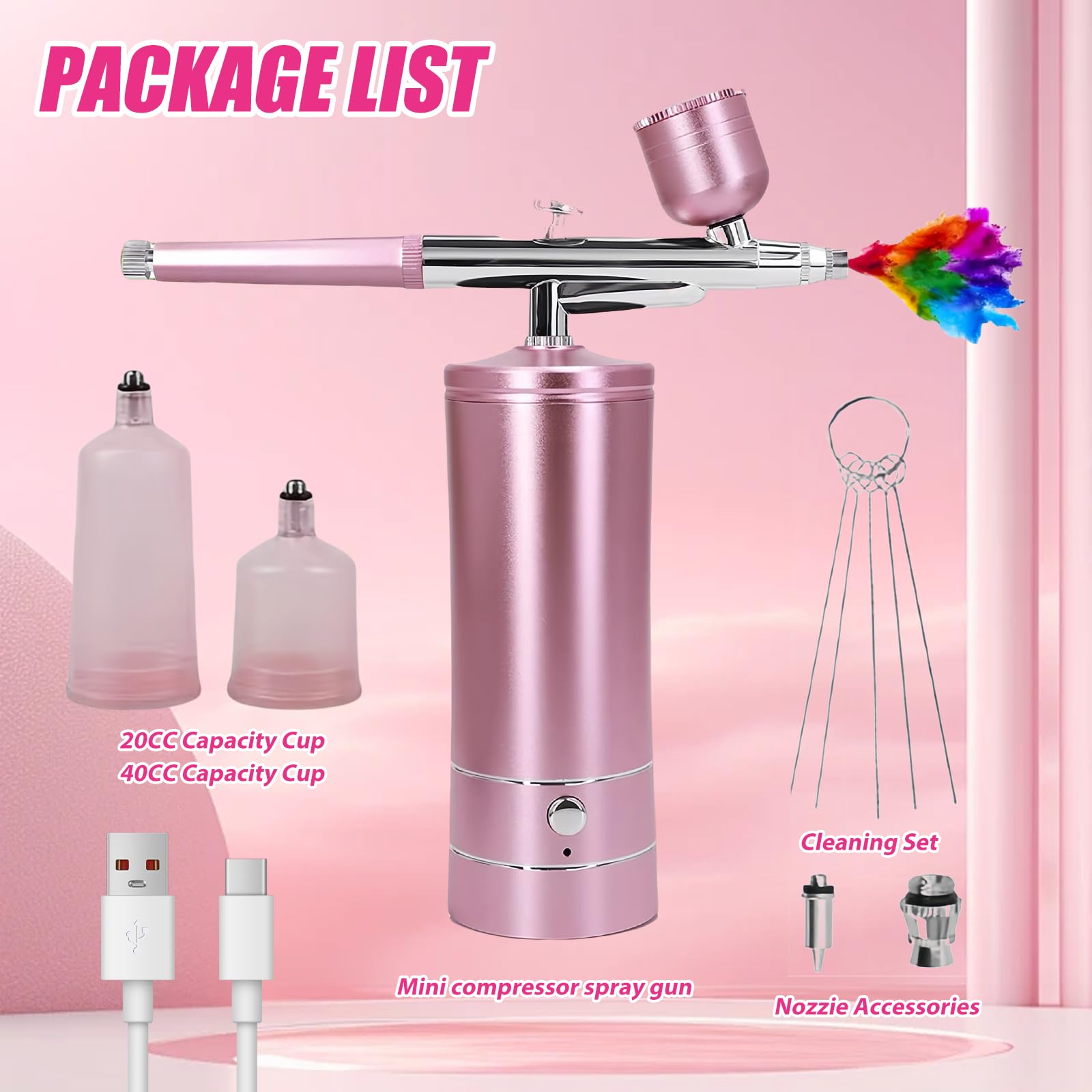 Kit de Aerógrafo con Compresor: Juego de Aerógrafo de Alta Presión Portátil, Aerógrafo Inalámbrico Recargable para Hidratación de la Piel, Arte de Uñas, Tatuaje, Pintura, Maquillaje (Rosa)
