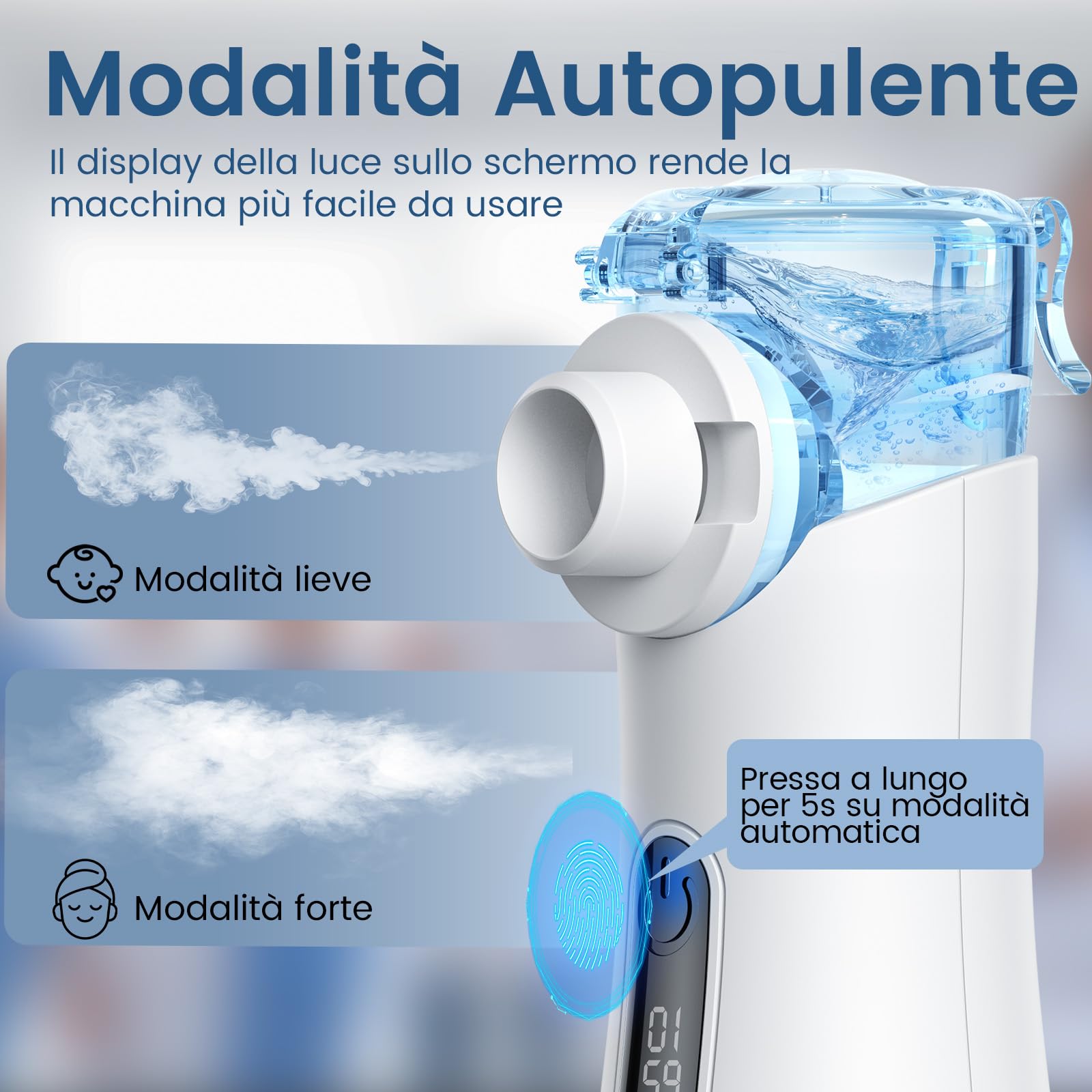 Nebulizzatore ad Ultrasuoni per Bambini e Adulti | Portatile 85g | Silenzioso 30dB | 2 Modalità di Nebulizzazione | Uso Continuo per 1 Ora | Display Digitale | Modalità Autopulizia