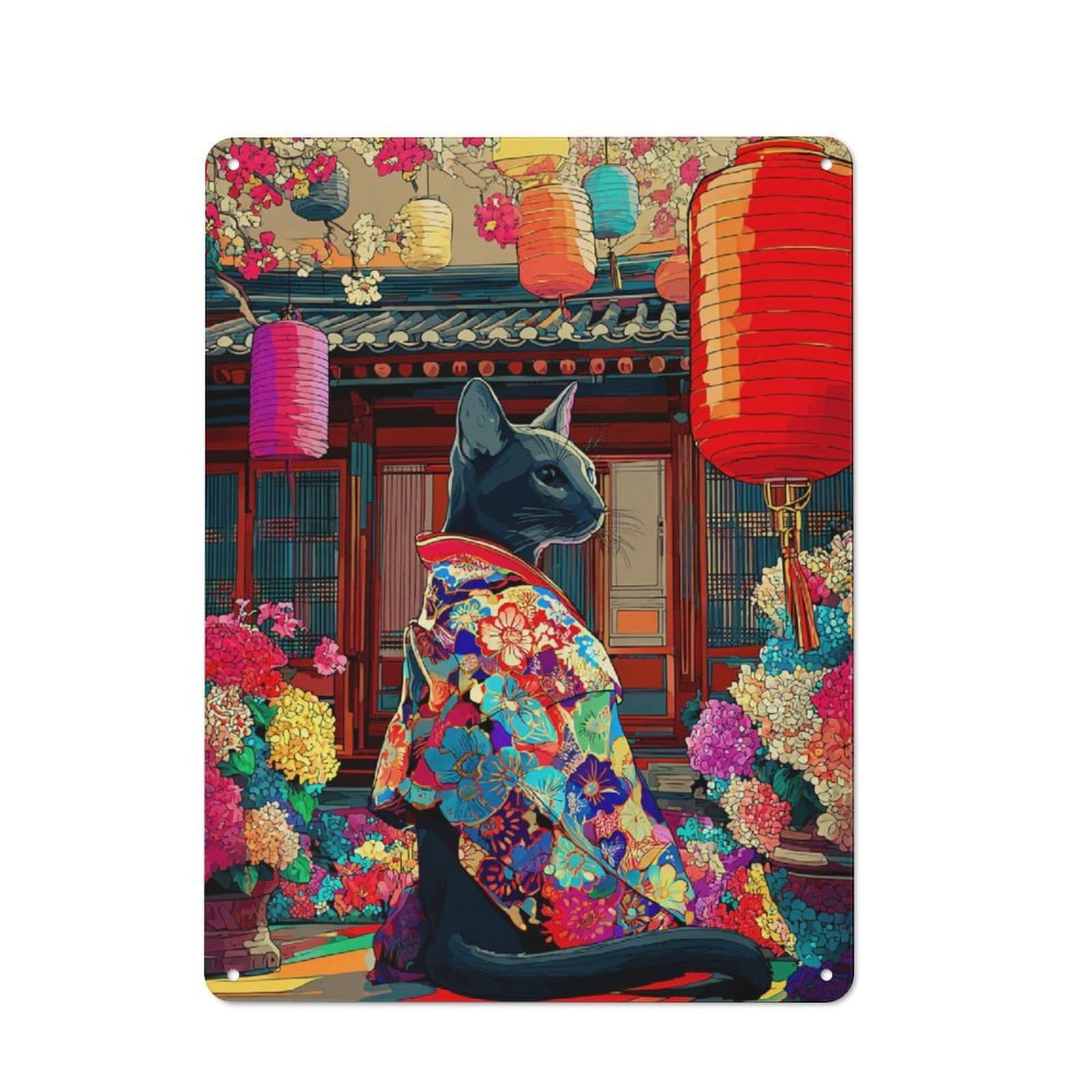 Junmoney Colorful Cat In Traditional Attire Loft Style Metal Wall Decor 40X30cm, Decorative Metal Plaque For Loft, Studio, Office Or Creative Room