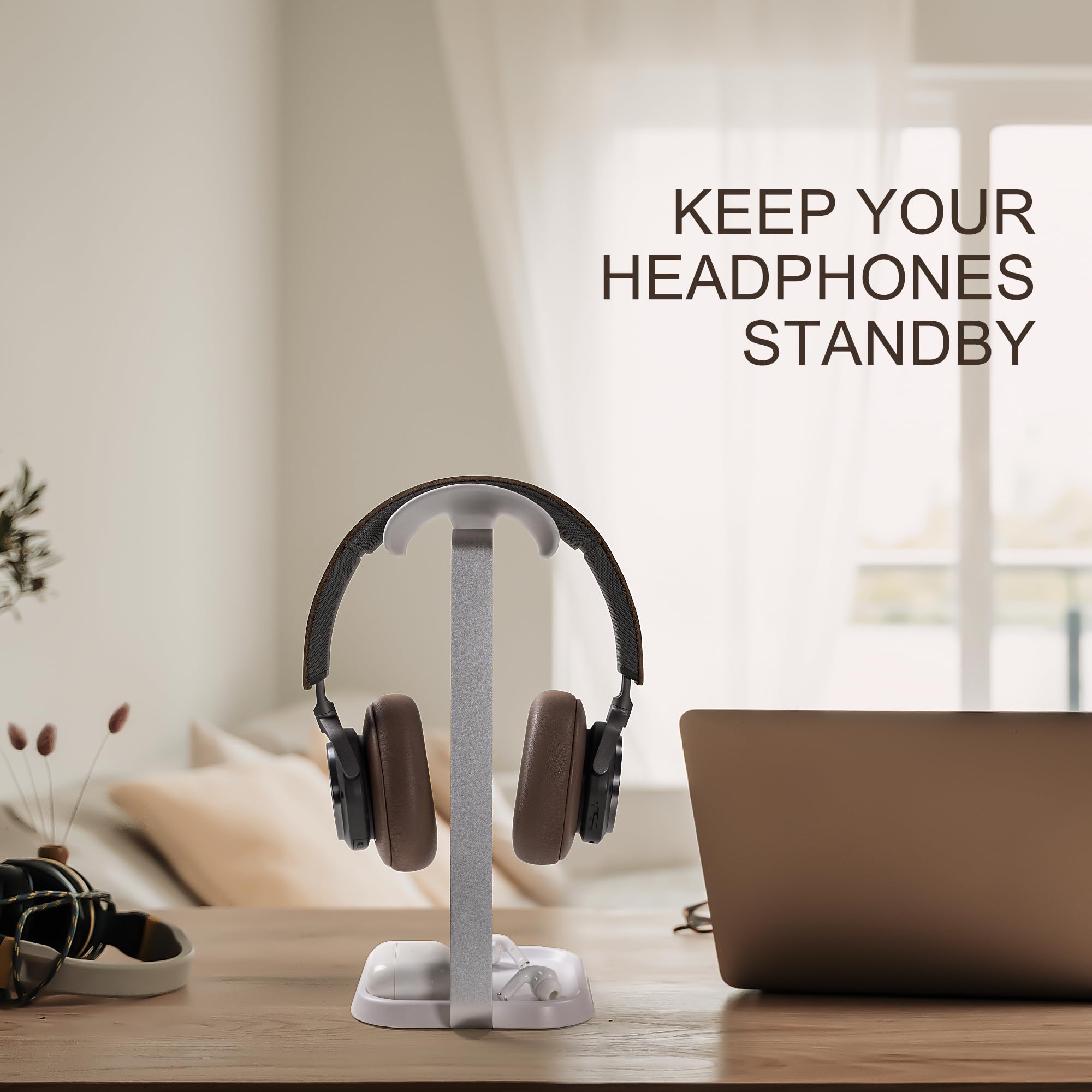 Kopfhörer Ständer, Gebogener Headset Halterung mit Ablagefach, Schwere Basis Gaming Kopfhörer Halter für AirPods Max, Beats, Bose, Sennheiser, Sony, und mehr (weiß)