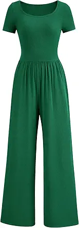 PRETTYGARDEN Women's Summer One Piece Jumpsuits Dressy Casual Short Sleeve Square Neck Wide Leg Jumpsuit Rompers