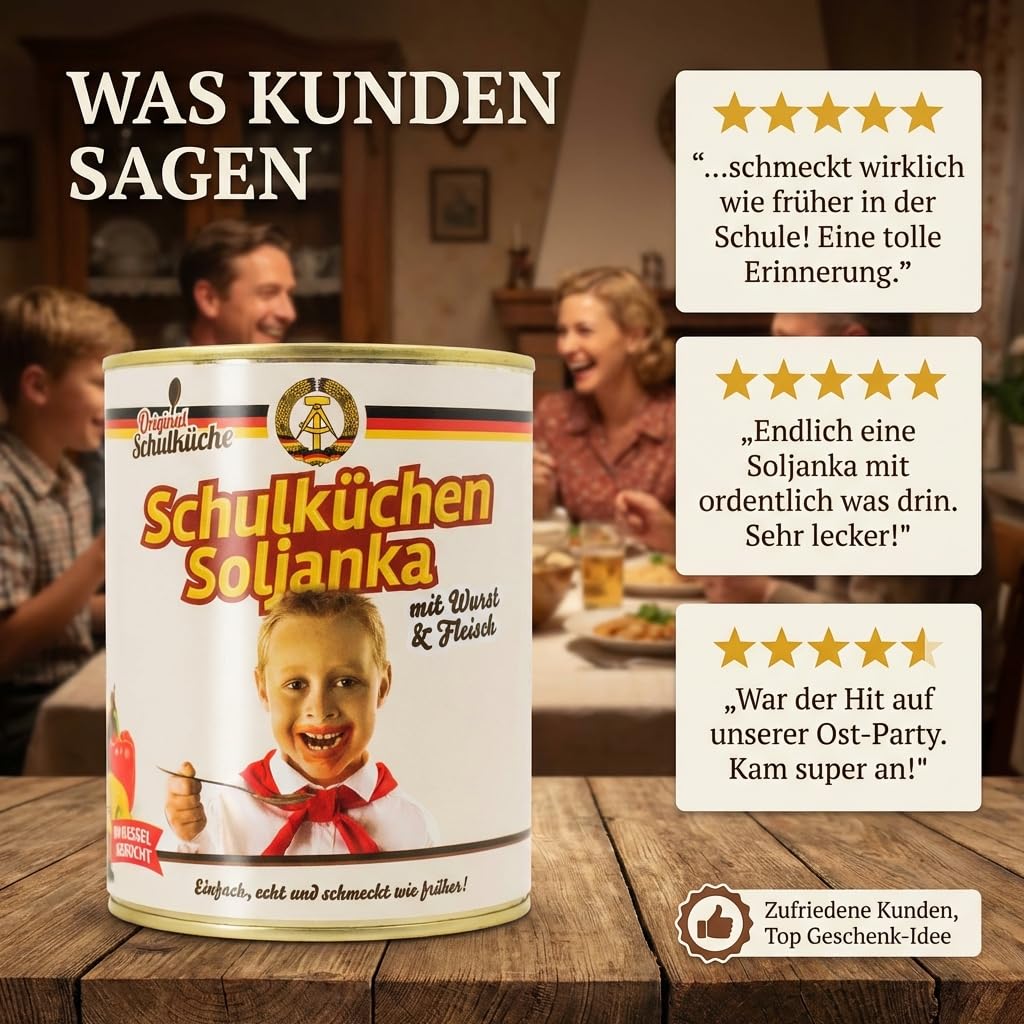 Schulküche Soljanka mit Fleisch & Wurst – 12x 800g Vorratspack | Herzhaft-säuerliche Suppe nach Original-DDR-Rezept – im Kessel gekocht, ohne Geschmacksverstärker