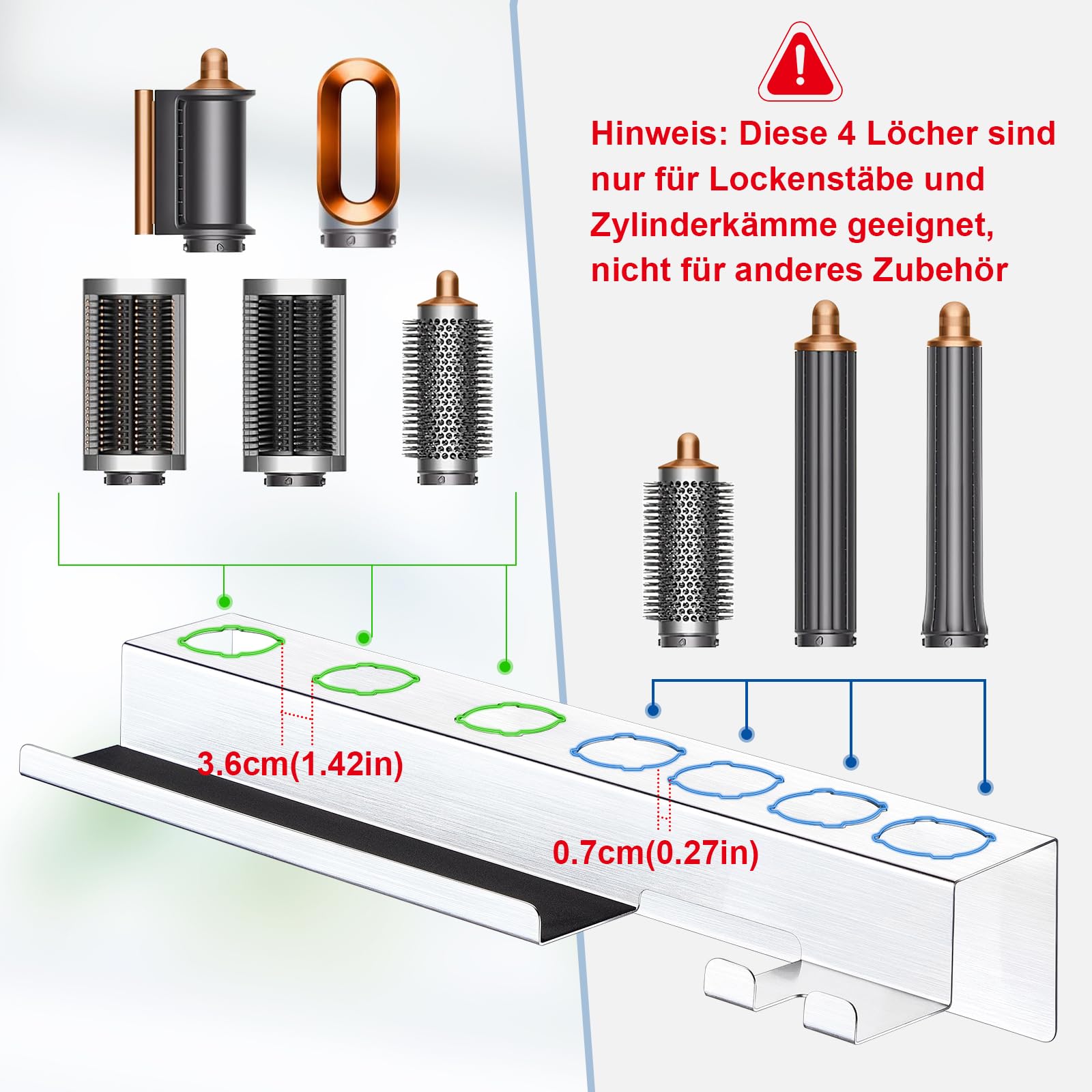 Fönhalter Ohne Bohren, Edelstahl Föhn und Glätteisen Wand Halterung, 7 In 1 Lockenstab Zubehör Wandhalterung Halterung für Haus Bad Veranstalter (Silber)