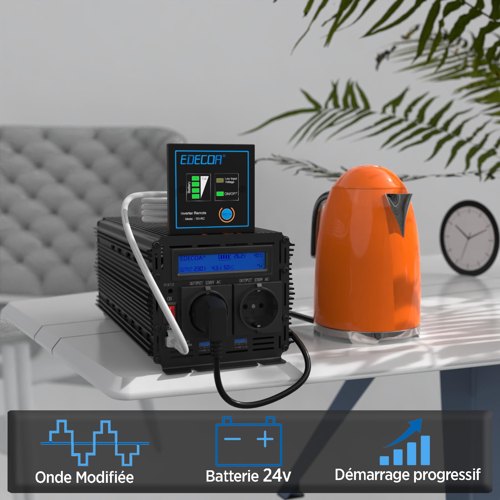 EDECOA Inverter 2000w convertisseur de tension 24v 230v onduleur sinusoïdal modifié 24v 220v LCD avec télécommande et deux ports USB