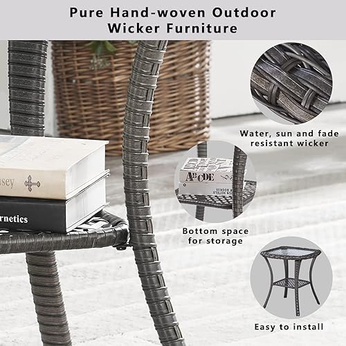 Miniatura 4 de Mesa auxiliar de ratán para patio, mesa de mimbre tejida a mano de 2 niveles, mesa cuadrada de cristal esmerilado de 0.197 in, mimbre gris