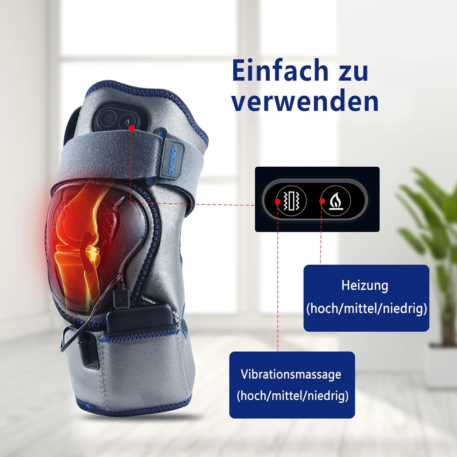 HONGJING Beheiztes Knie Massagegerät Wiederaufladbar zur Linderung von Arthritis, Gelenkschmerzen, 3 einstellbare Vibrationen und Wärme (1 Paar)