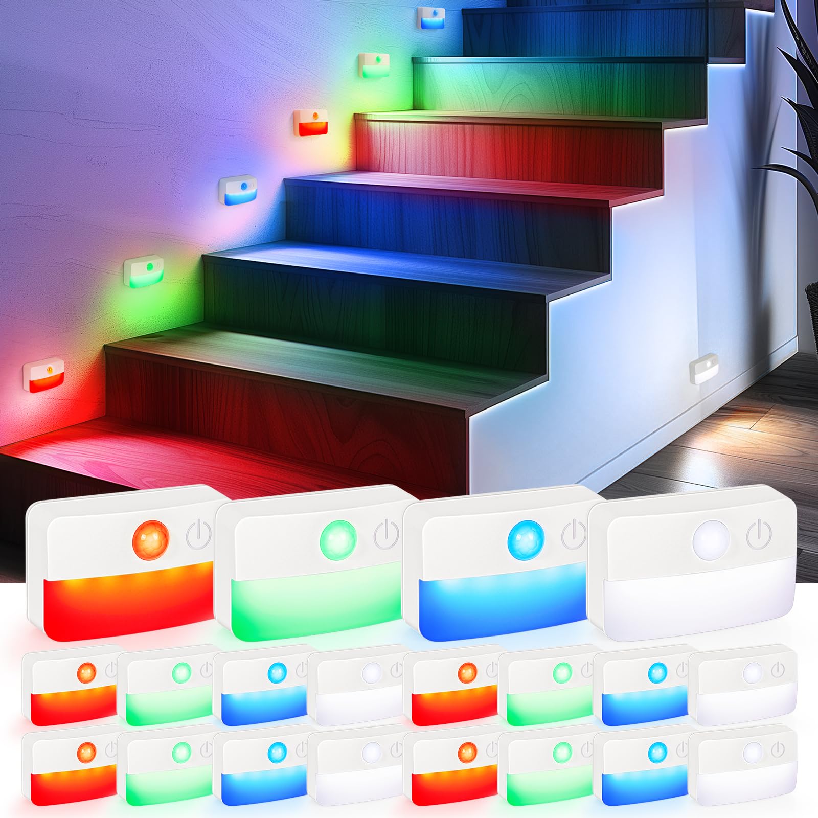 Guankai 16 Pack Motion Sensor Stair Lights for Indoor, Wireless RGB Battery Operated Night Light, Led Stick On Hallway Closet Under Cabinet Stairway Automatic Lamp for Bedroom Kitchen Bathroom