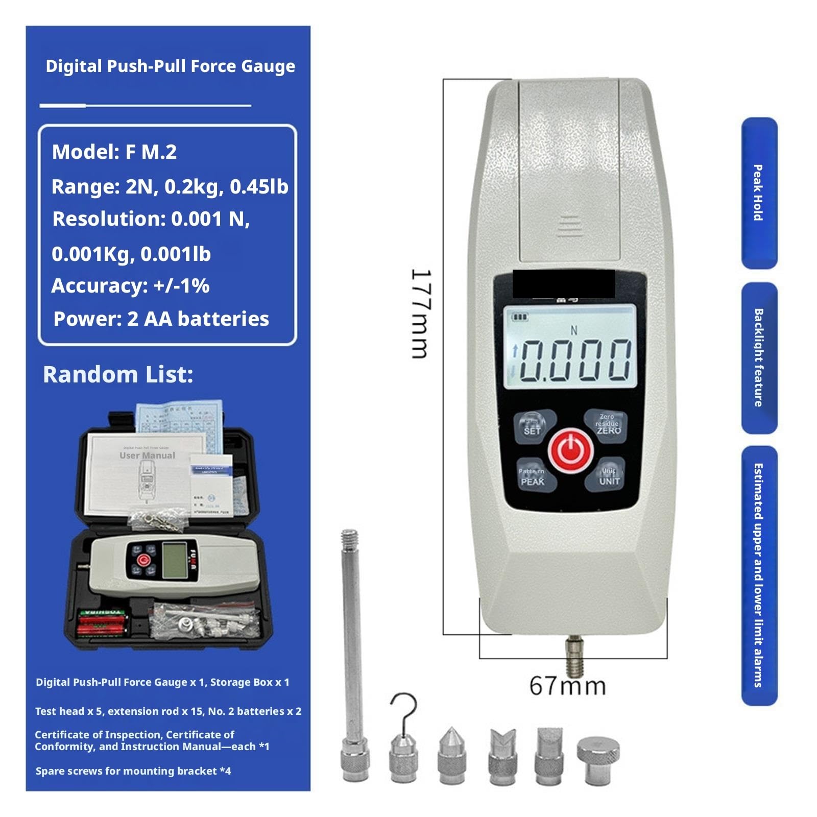 Medidor de Fuerza, Medición de prueba presión empuje tensión del indicador fuerza vaivén digital(FM-2【2N/0.2kg】)