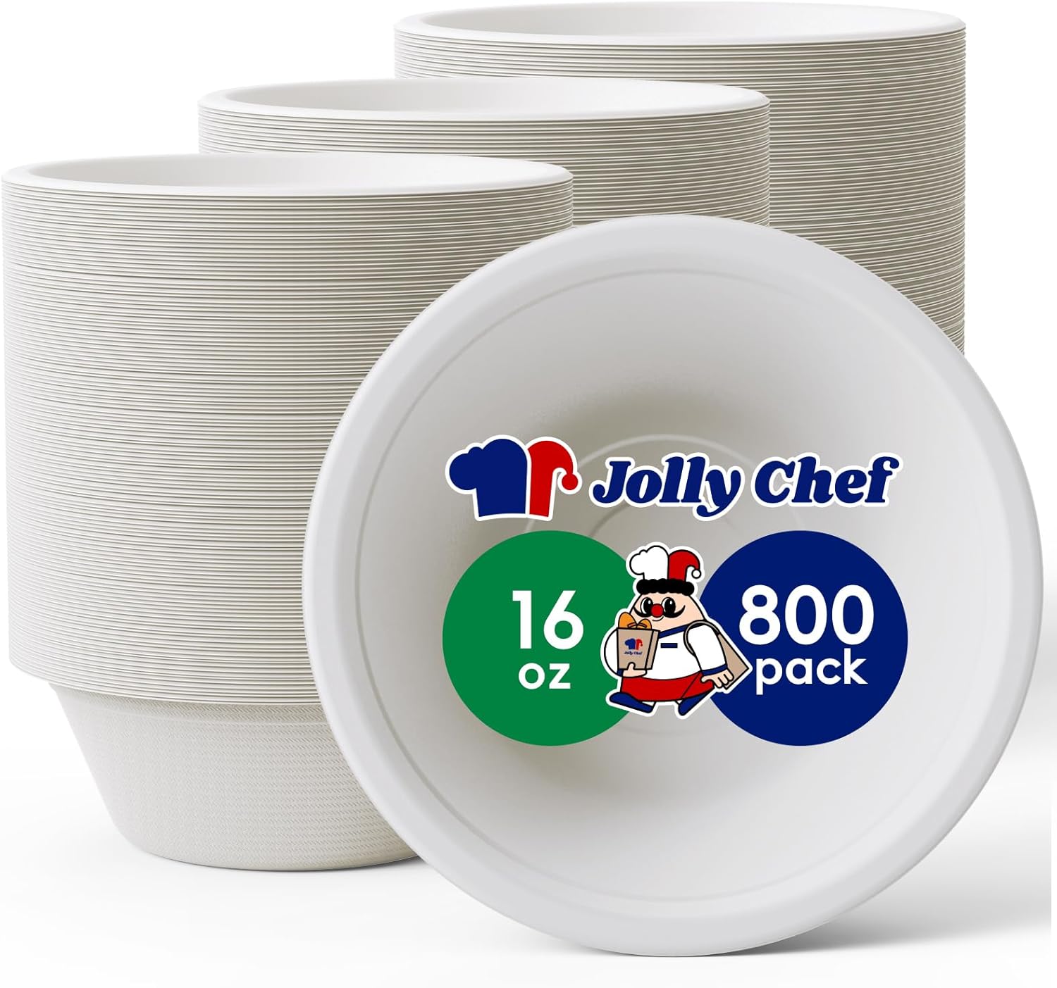 JOLLY CHEF Compostable Disposable Paper Bowl [16 oz] Heavy Duty Soup Bowls [800 Pack] Biodegradable Bagasse Hot Cold Food Bowls Eco-Friendly Sugarcane Bowls for Salad Dessert Milk Cereals 16oz-800
