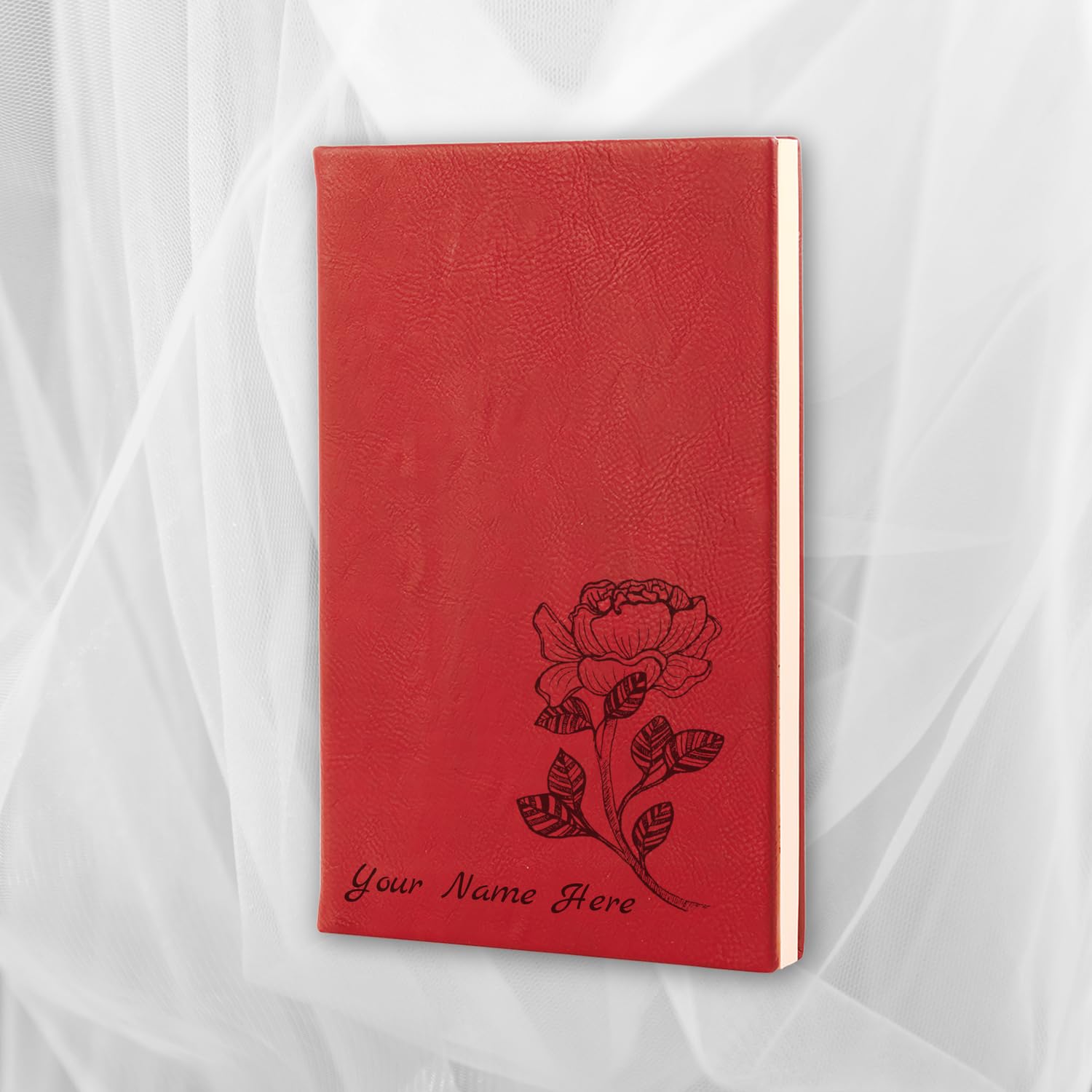 Personalized Gift Hardcover Leather Journal, Diary, Sketchbook, Notebook, custom cover original art birthflower 12 design, custom laser engraved text, 7 colors (Red, Lined or Blank)