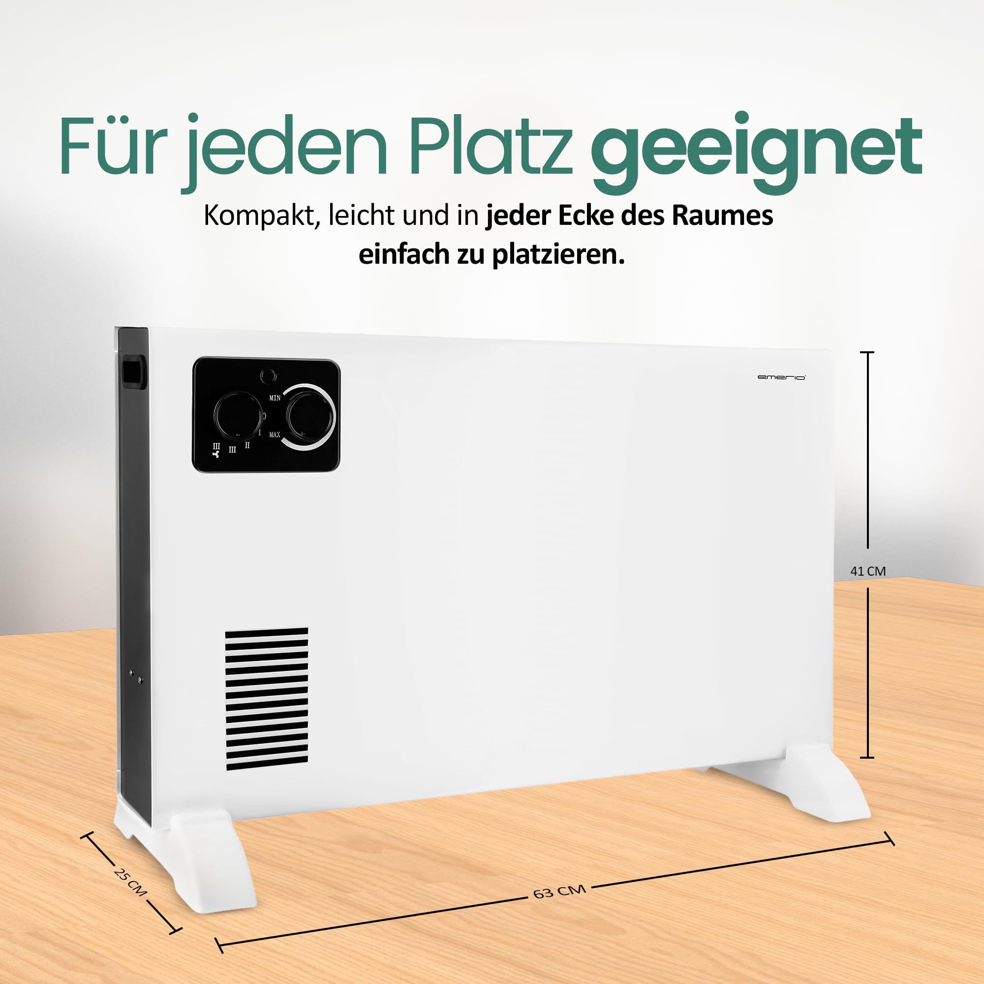 EMERIO Calefacción eléctrica convector, hasta 20 m², 2000 W, termostato ajustable, 3 niveles de calor (750 W/1250 W/2000 W), protección contra vuelco y sobrecalentamiento, ventilador turbo, móvil/asas
